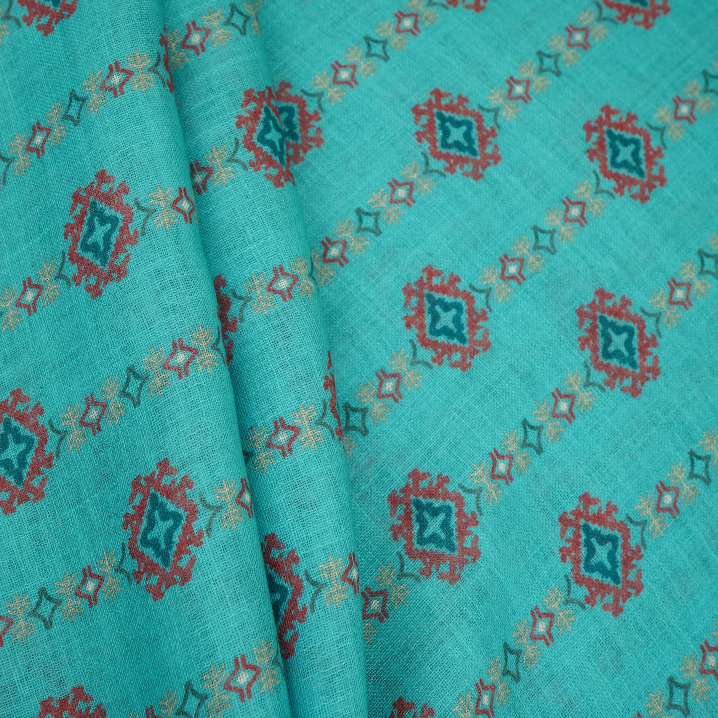 Teal Green Abstract Print Cotton Linen Fabric GTS-30275