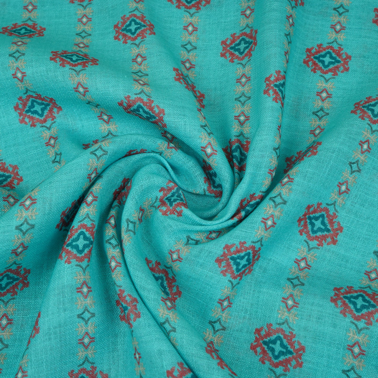 Teal Green Abstract Print Cotton Linen Fabric GTS-30275