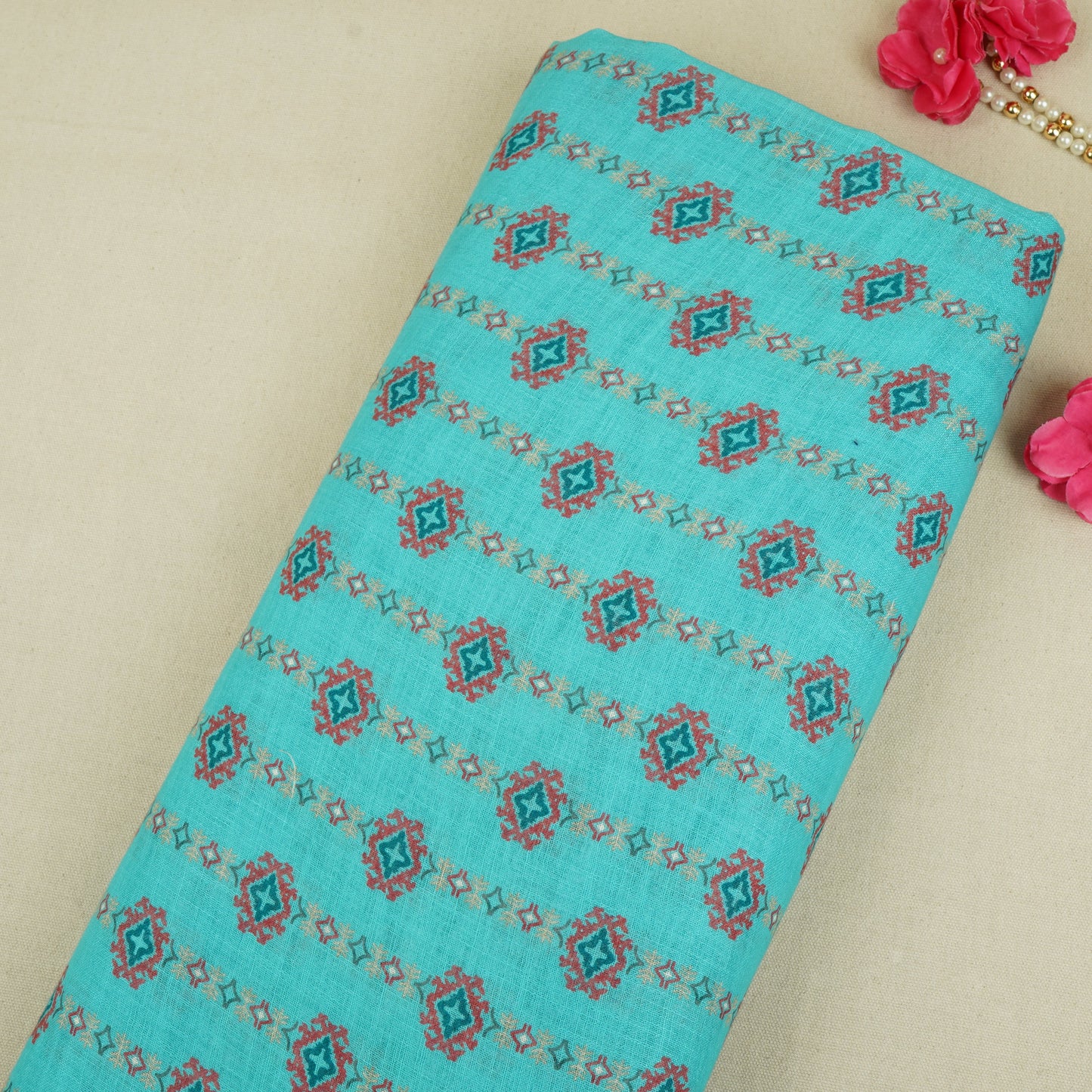 Teal Green Abstract Print Cotton Linen Fabric GTS-30275