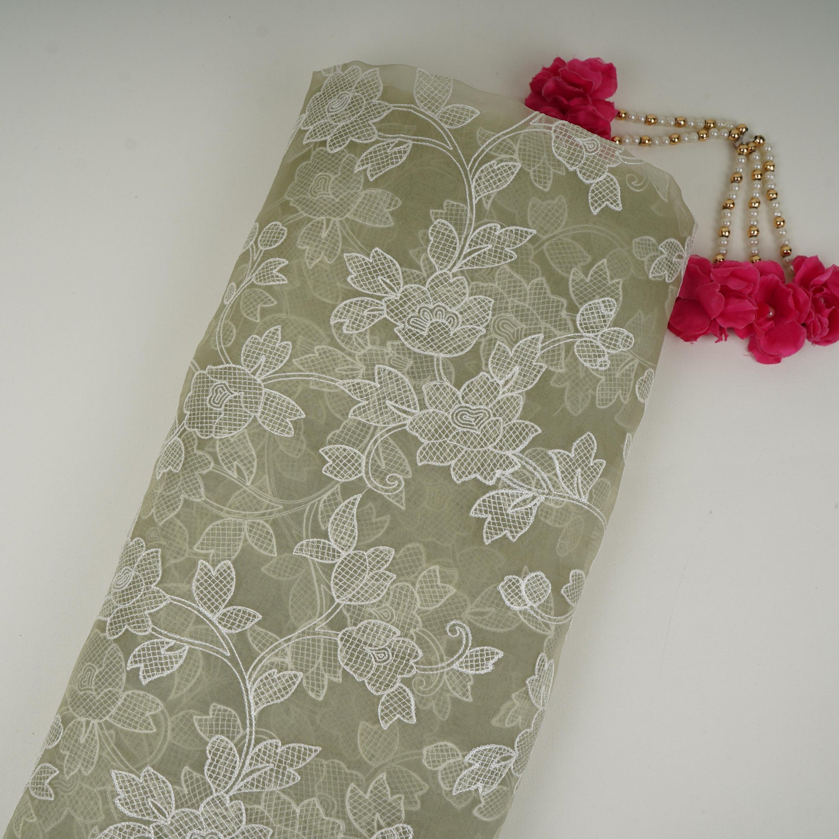 Green floral thread & Sequins embroidery Pure 27gm Organza Fabric GPF-32091 - TradeUNO