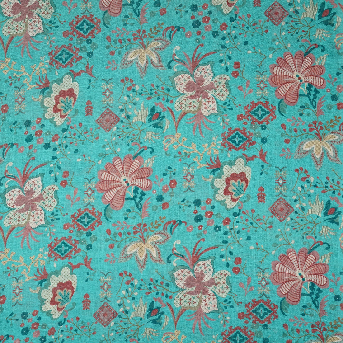 Teal Green Floral Print Cotton Linen Fabric GTS-30274