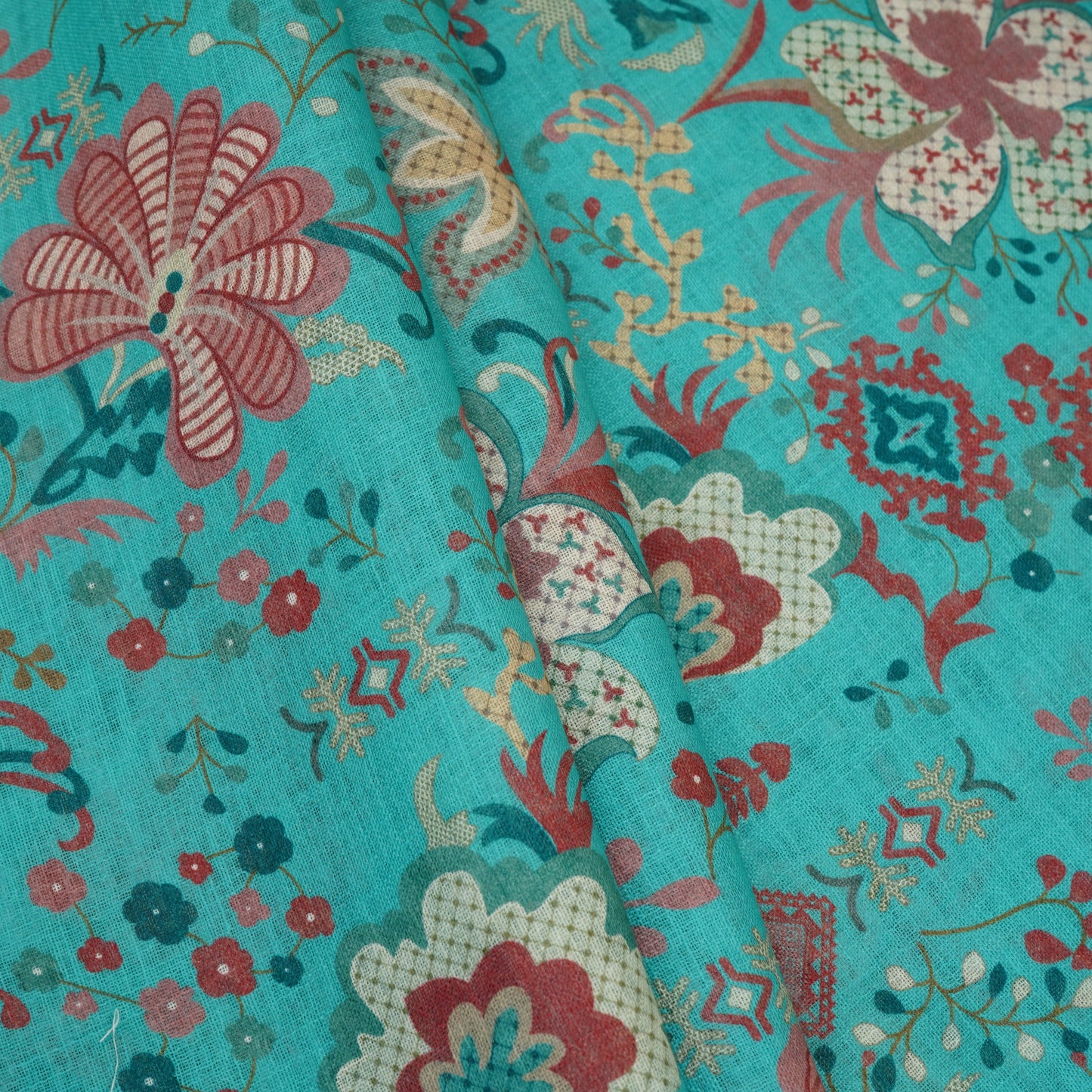 Teal Green Floral Print Cotton Linen Fabric GTS-30274