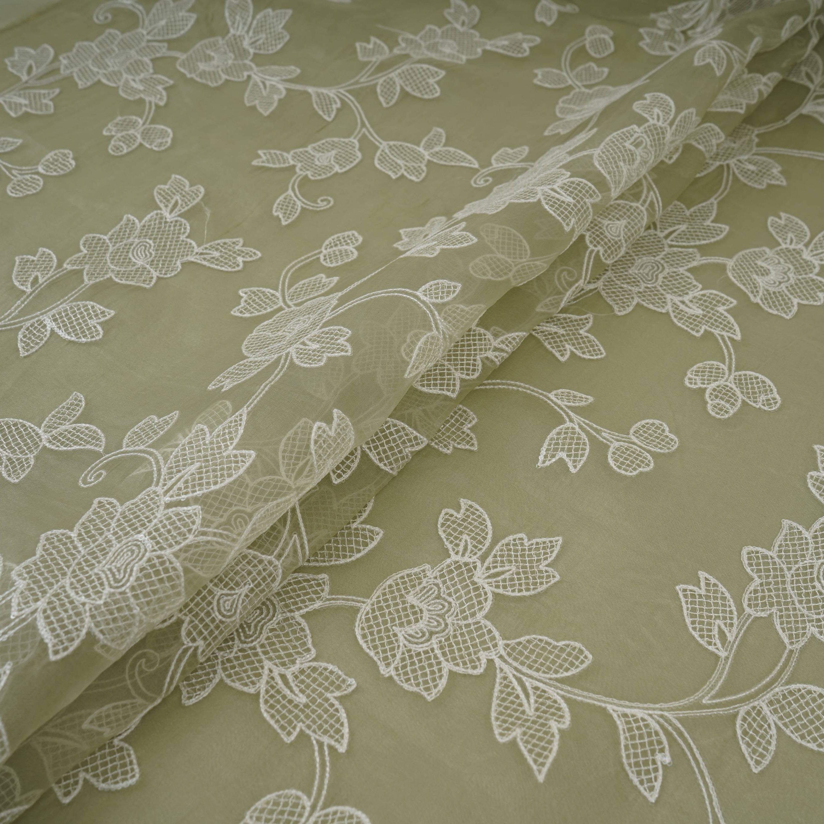 Green floral thread & Sequins embroidery Pure 27gm Organza Fabric GPF-32091 - TradeUNO