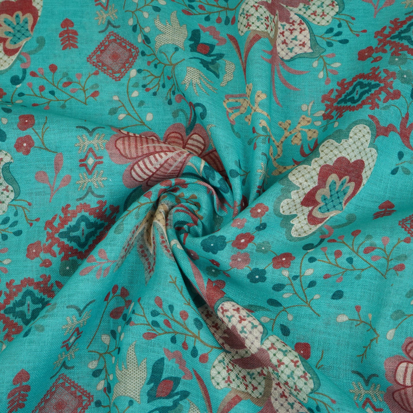Teal Green Floral Print Cotton Linen Fabric GTS-30274