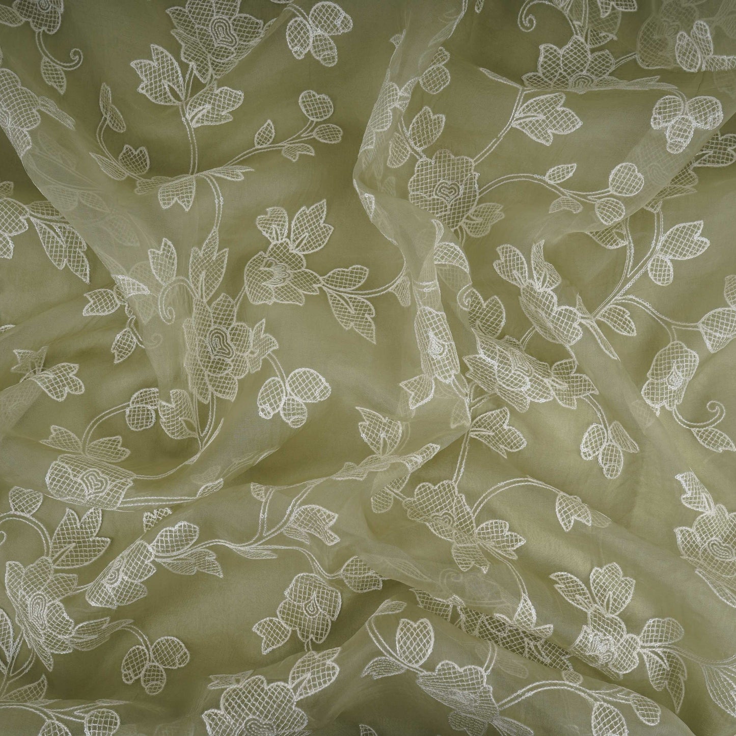 Green floral thread & Sequins embroidery Pure 27gm Organza Fabric GPF-32091