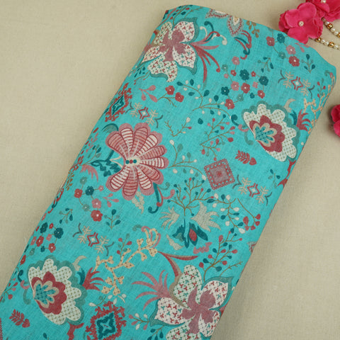 Teal Green Floral Print Cotton Linen Fabric GTS-30274