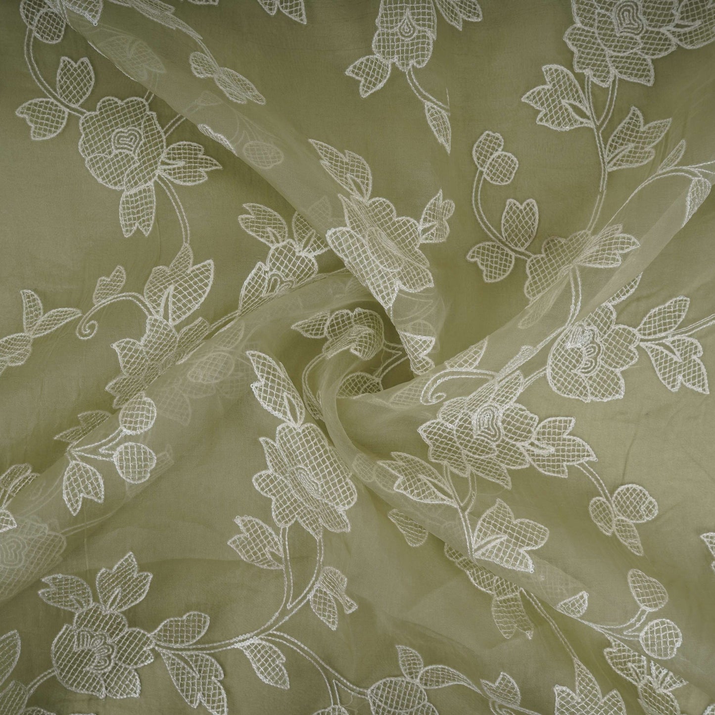 Green floral thread & Sequins embroidery Pure 27gm Organza Fabric GPF-32091
