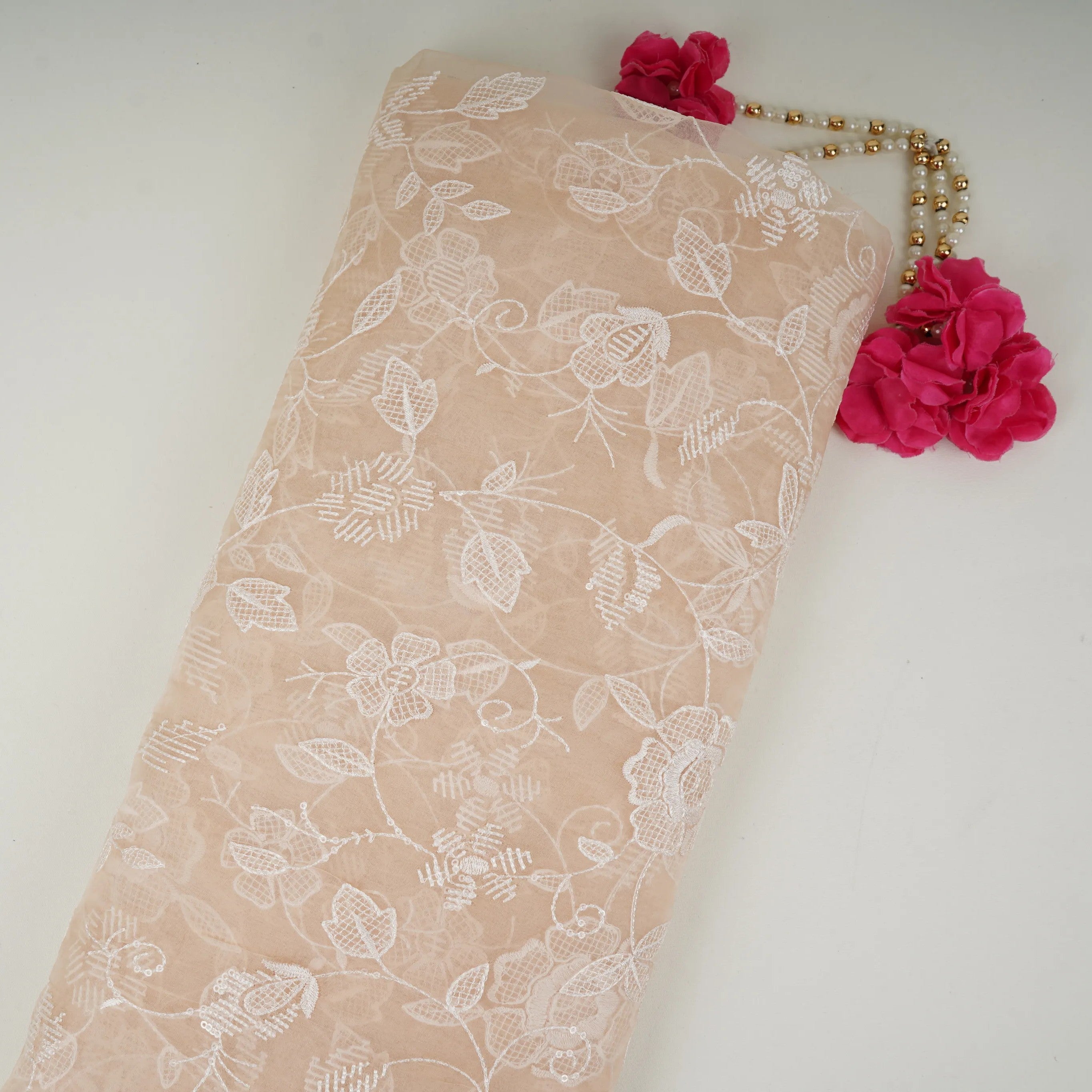 Peach floral thread & Sequins embroidery Pure 27gm Organza Fabric GPF-32087 - TradeUNO