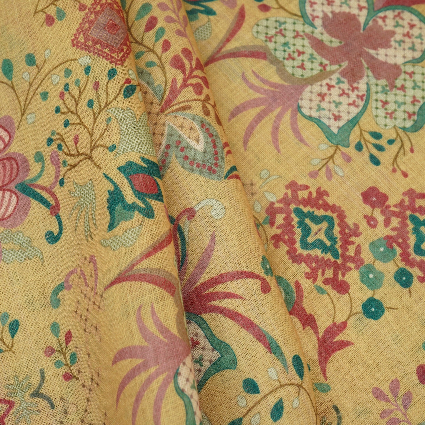 Light Yellow Floral Print Cotton Linen Fabric GTS-30286