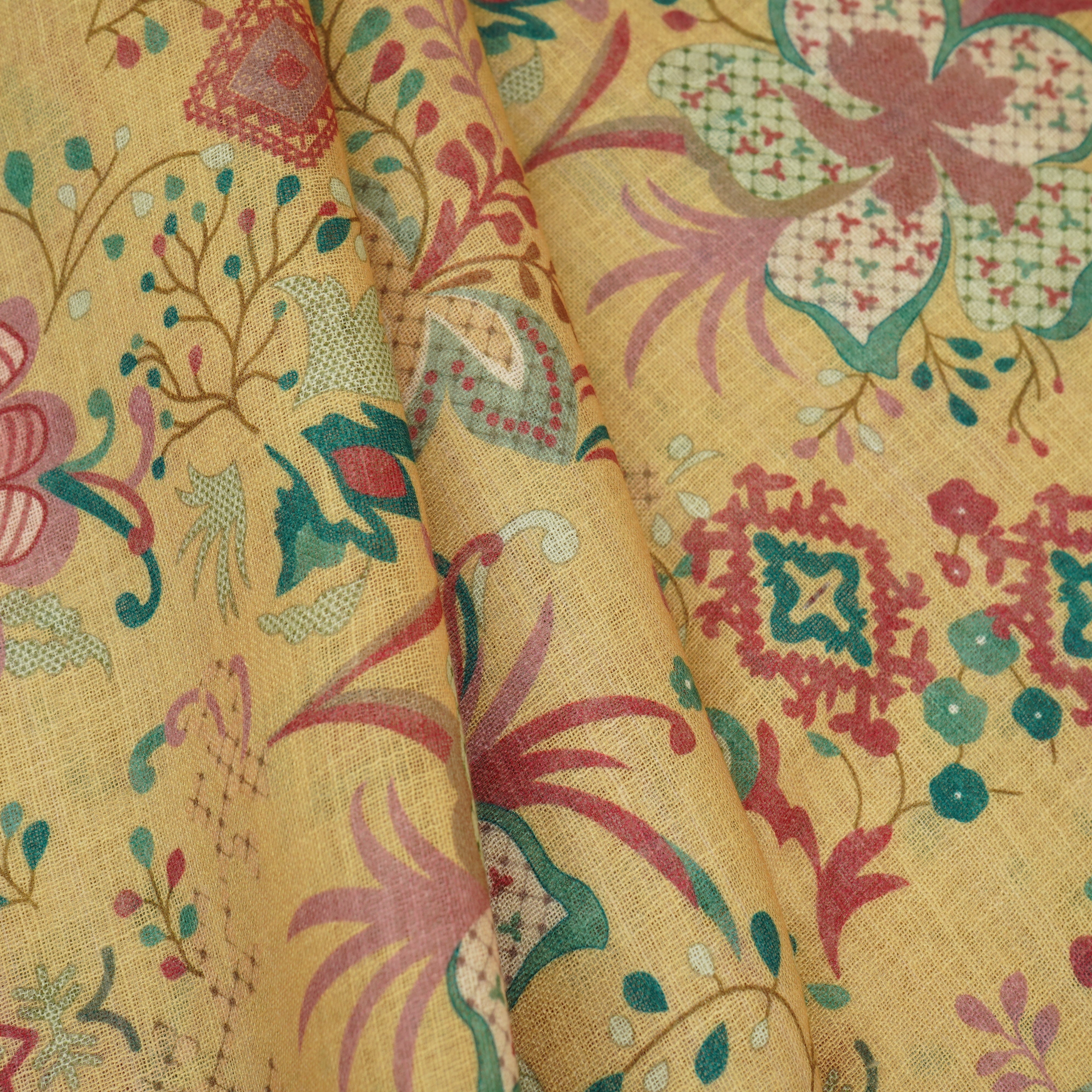Light Yellow Floral Print Cotton Linen Fabric GTS-30286 - TradeUNO