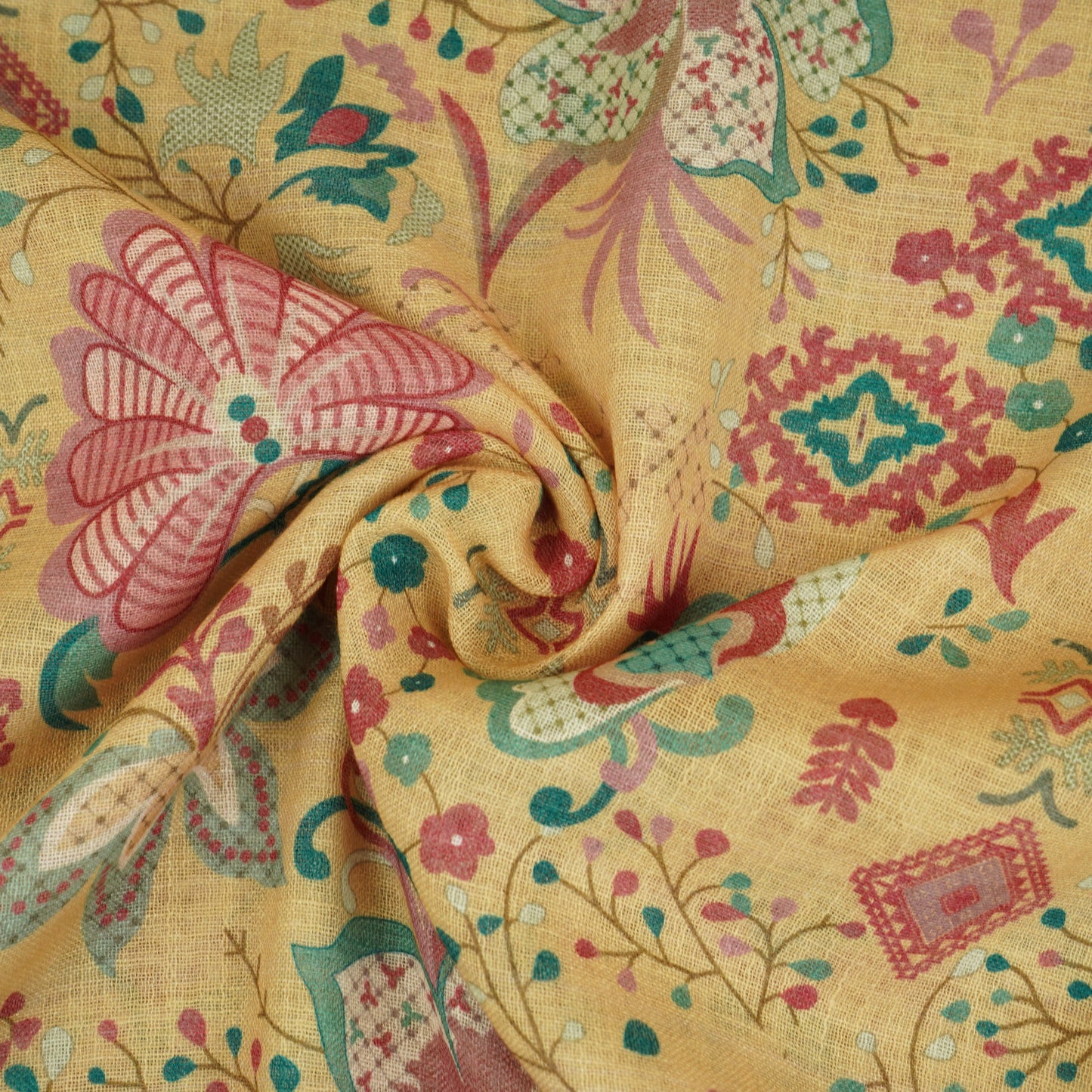Light Yellow Floral Print Cotton Linen Fabric GTS-30286