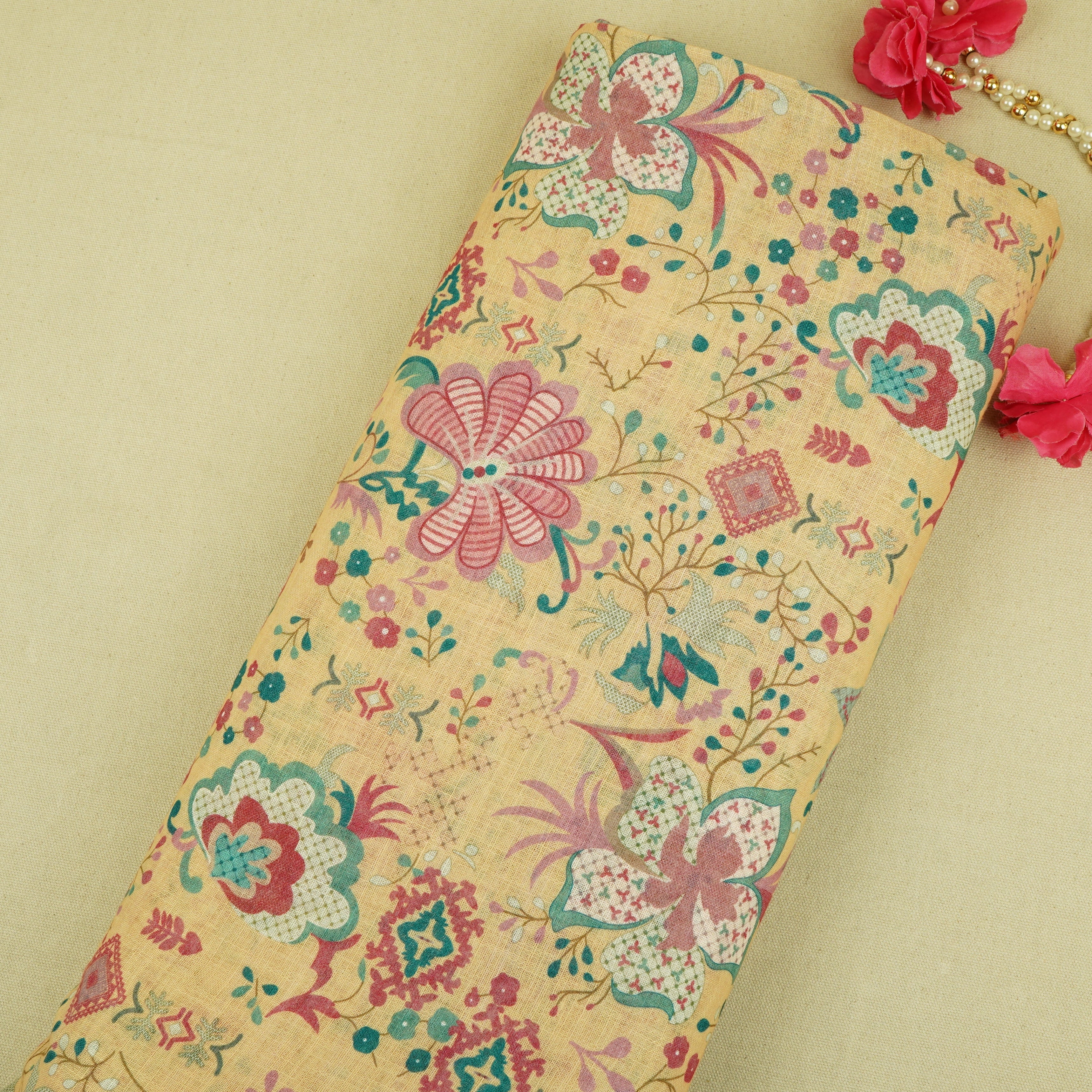 Light Yellow Floral Print Cotton Linen Fabric GTS-30286 - TradeUNO