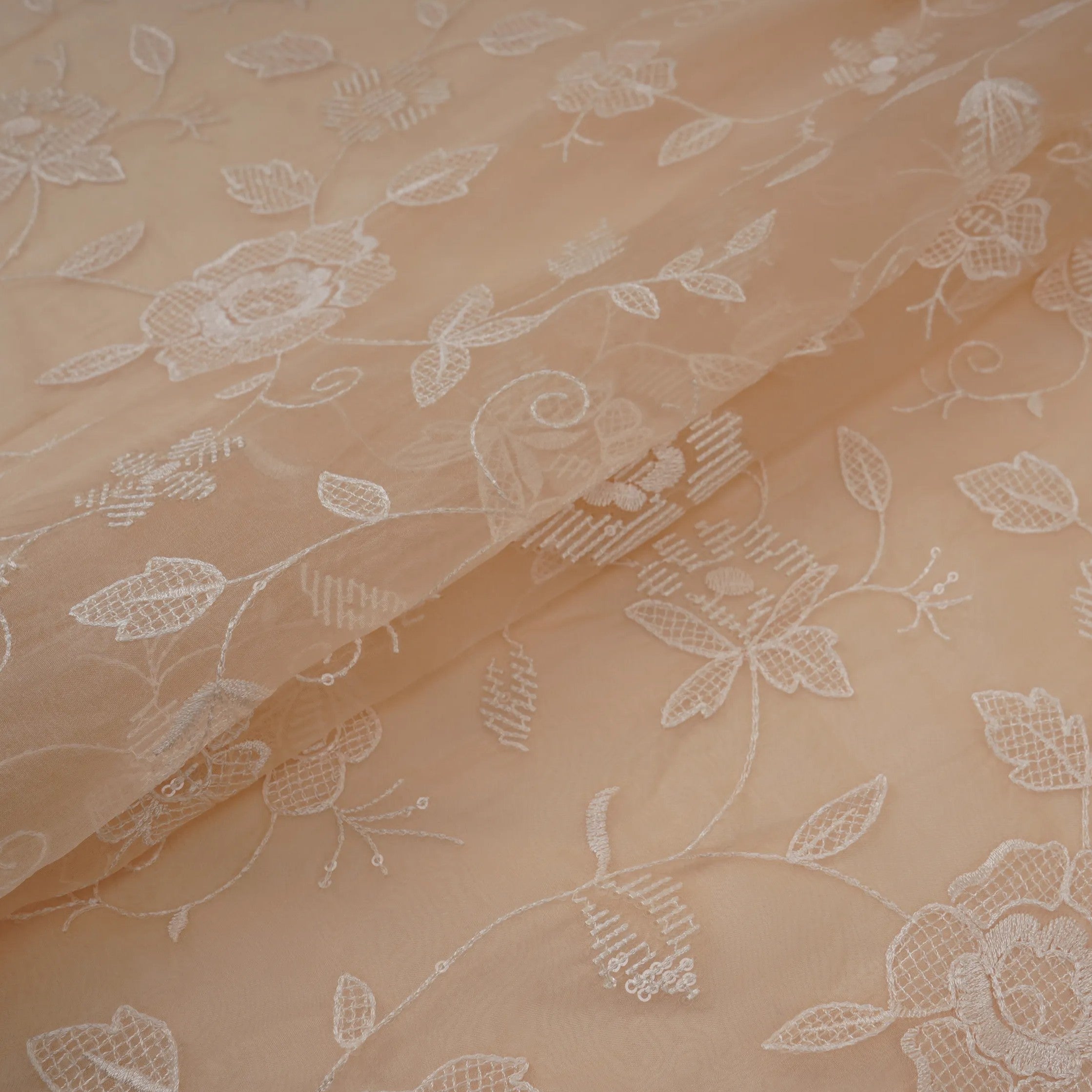 Peach floral thread & Sequins embroidery Pure 27gm Organza Fabric GPF-32087 - TradeUNO
