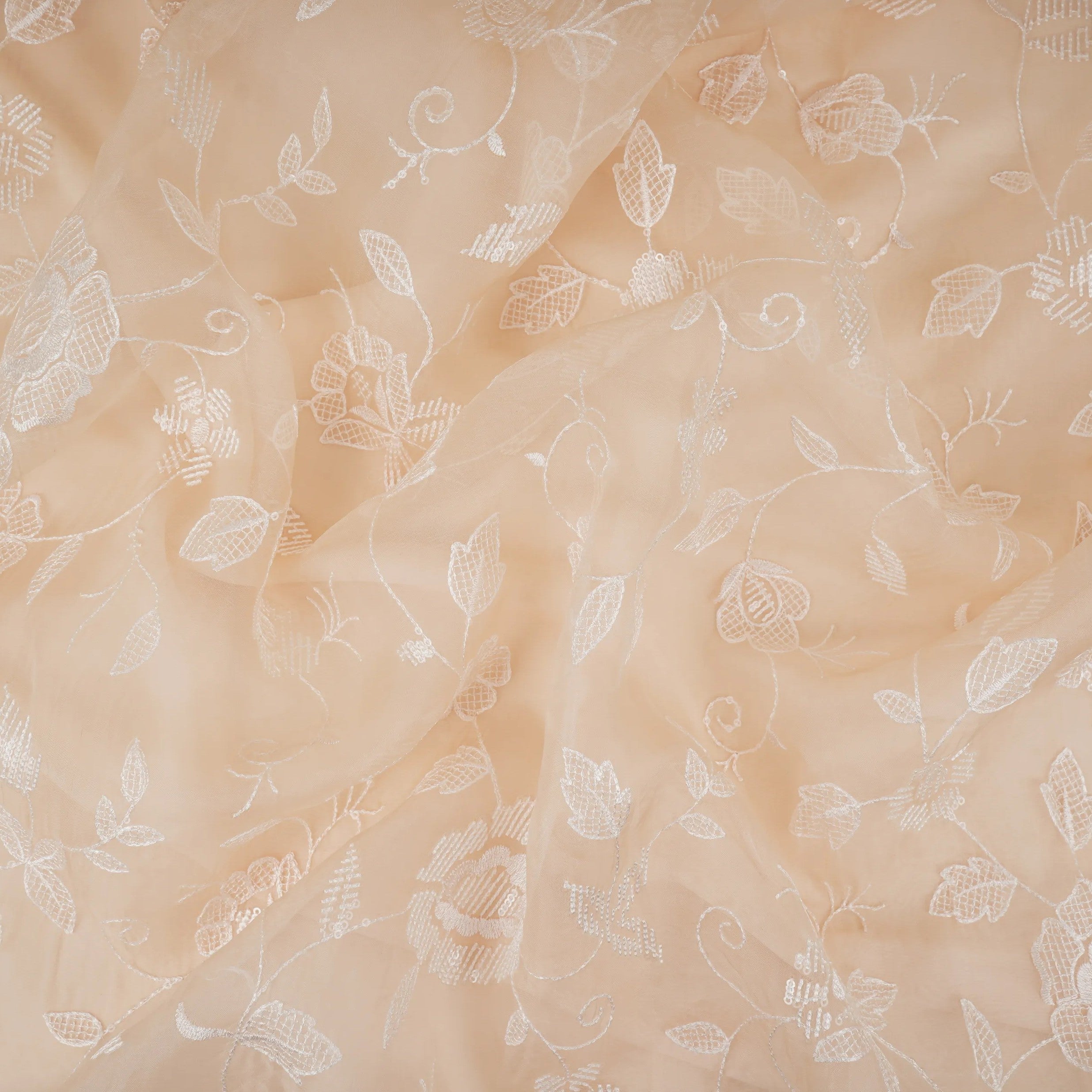 Peach floral thread & Sequins embroidery Pure 27gm Organza Fabric GPF-32087 - TradeUNO