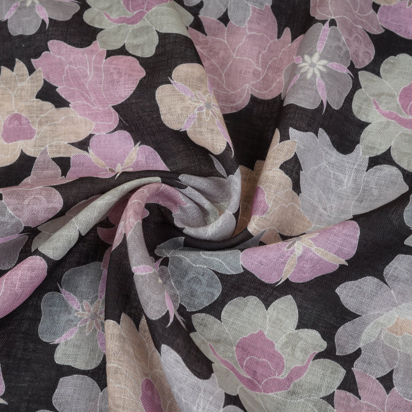 Black Floral Print Cotton Linen Fabric GTS-30276