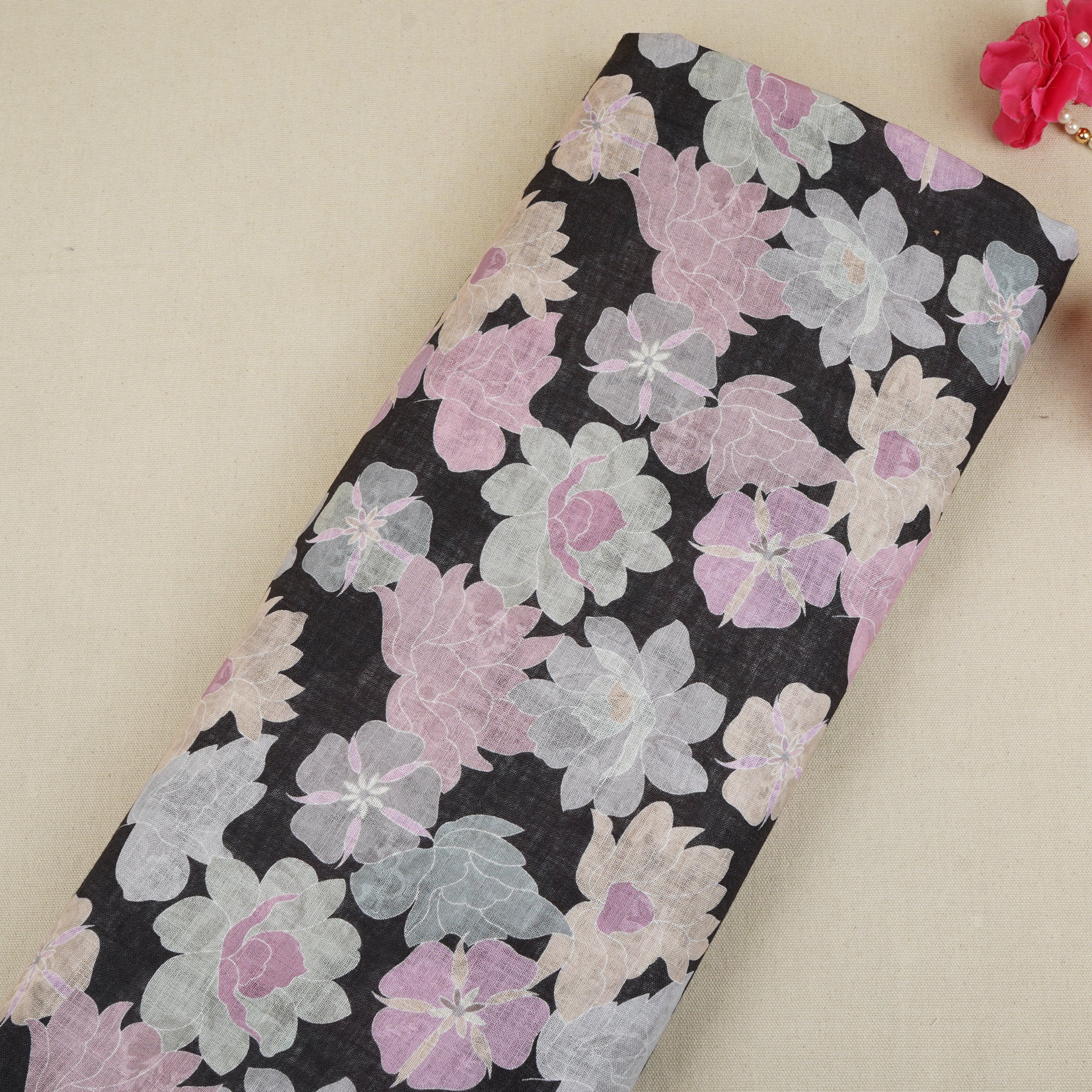 Black Floral Print Cotton Linen Fabric GTS-30276 - TradeUNO