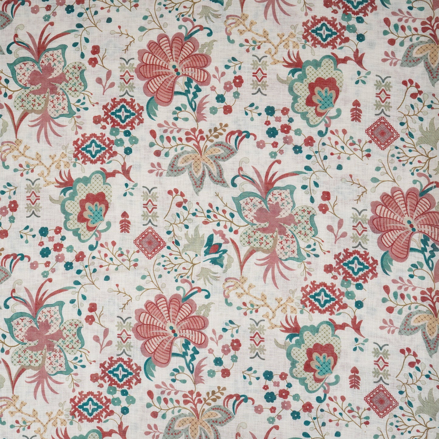 Cream Floral Print Cotton Linen Fabric GTS-30284