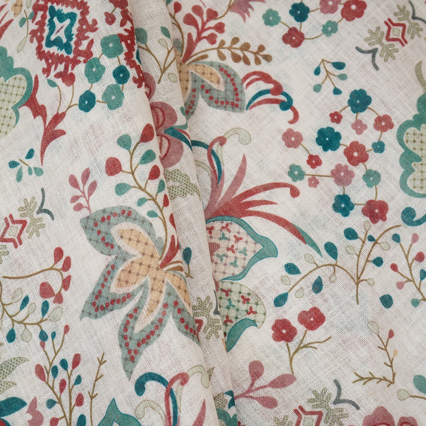 Cream Floral Print Cotton Linen Fabric GTS-30284