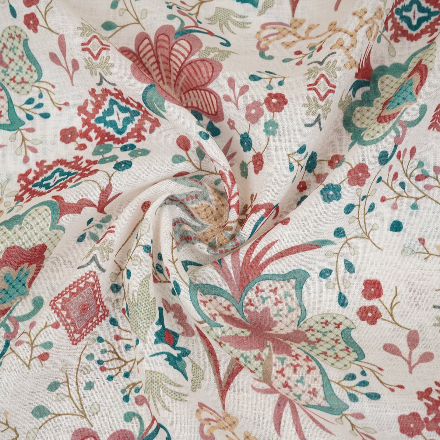 Cream Floral Print Cotton Linen Fabric GTS-30284