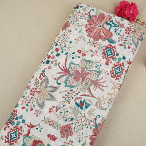 Cream Floral Print Cotton Linen Fabric GTS-30284
