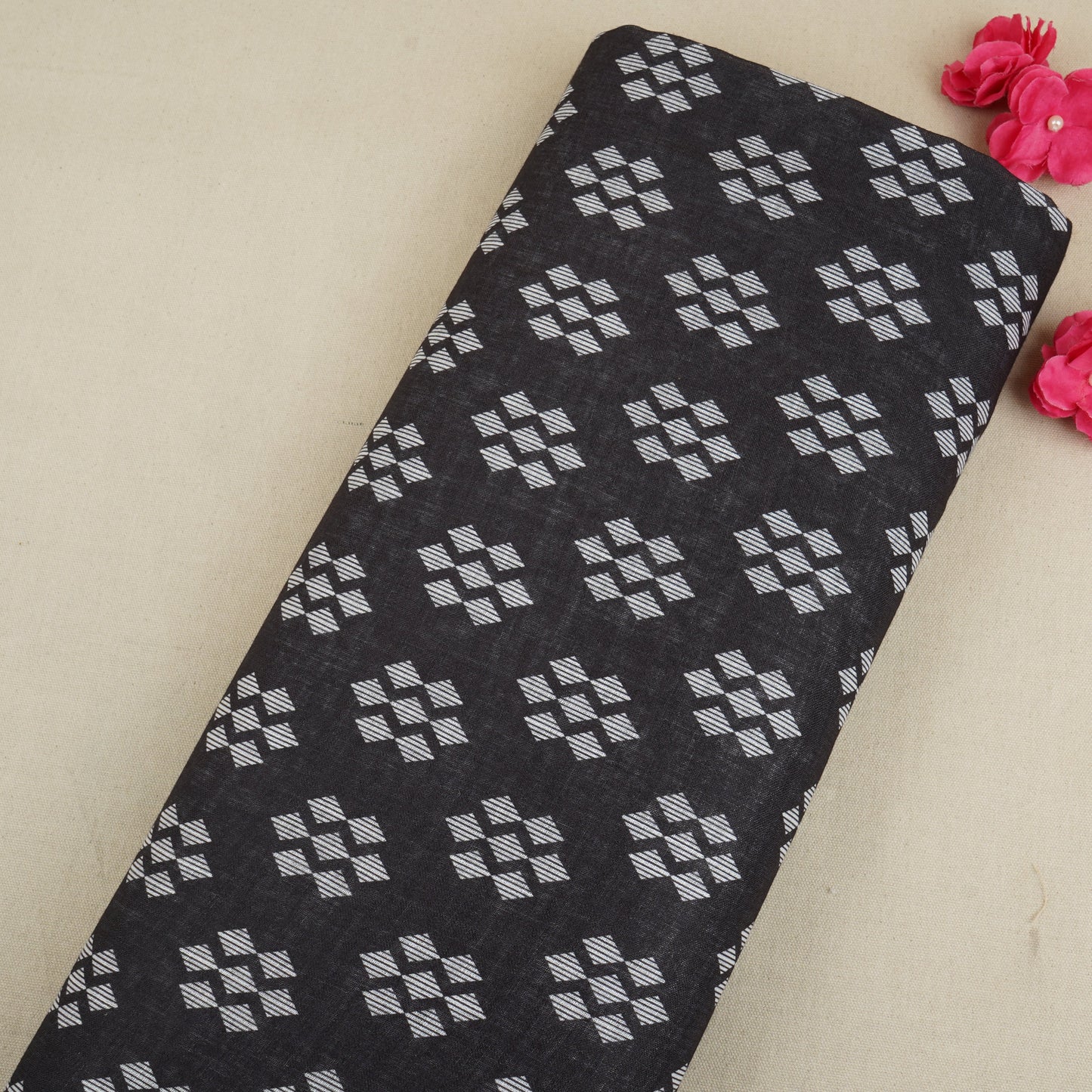 Black Abstract Print Cotton Linen Fabric GTS-30277