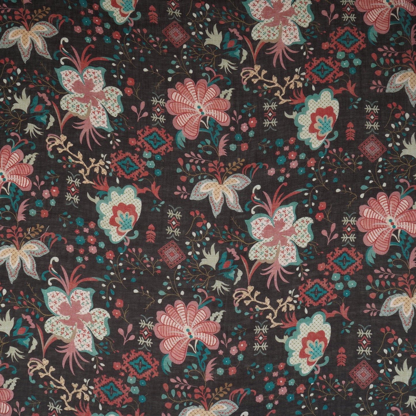 Black Floral Print Cotton Linen Fabric GTS-30280