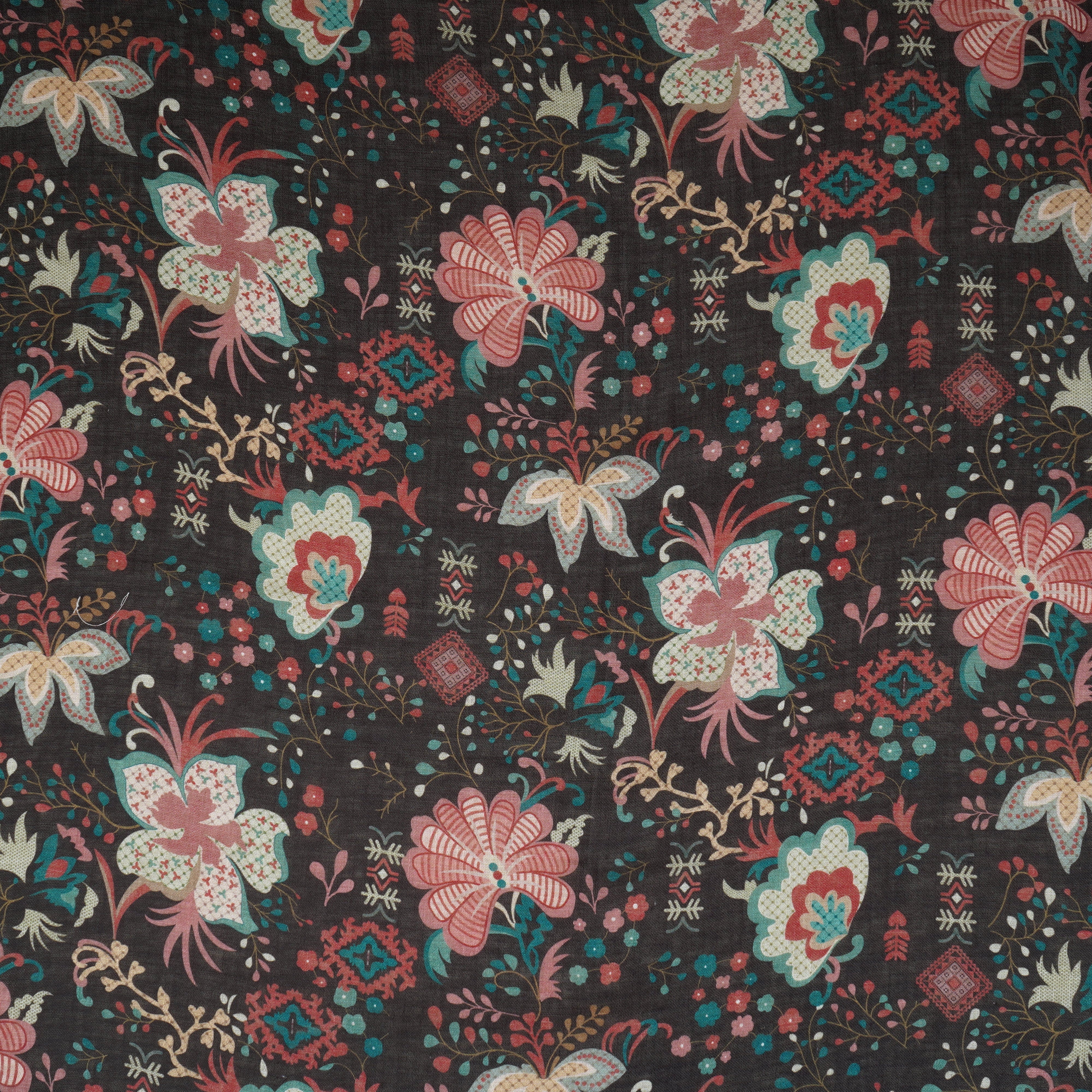 Black Floral Print Cotton Linen Fabric GTS-30280 - TradeUNO