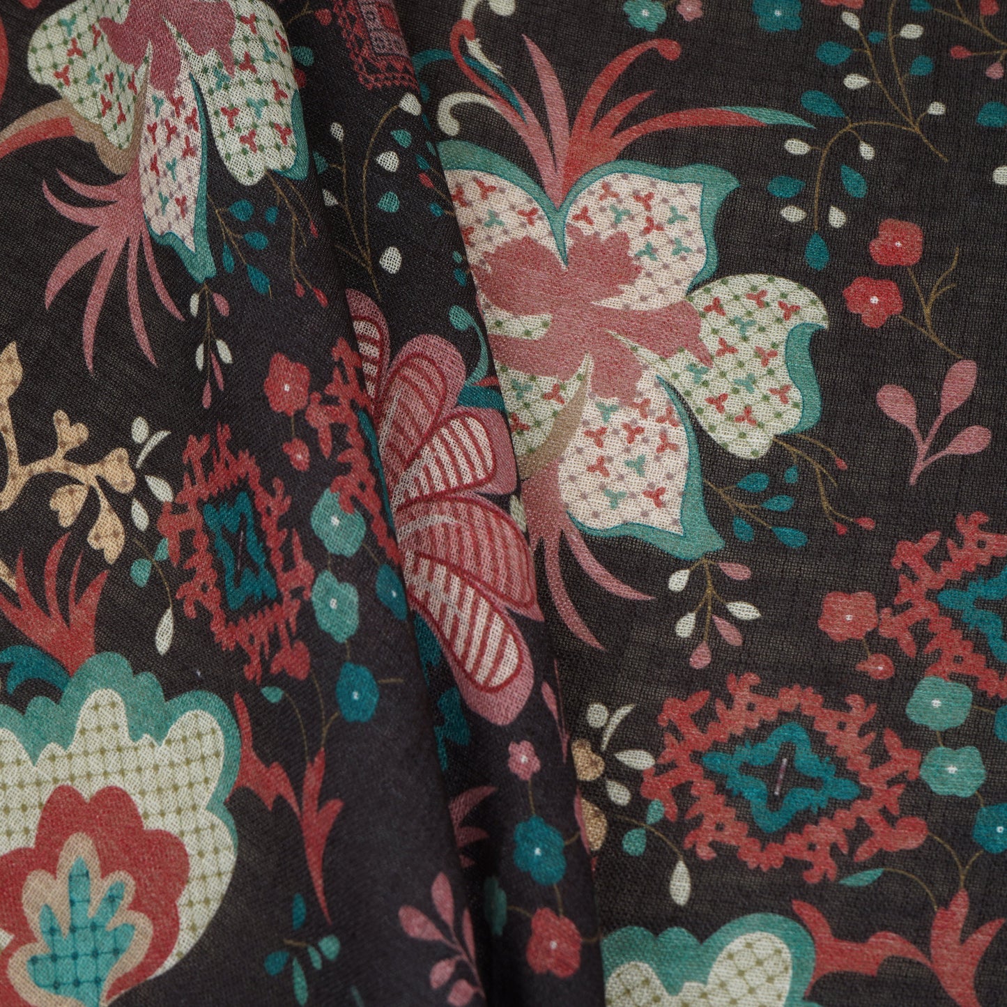 Black Floral Print Cotton Linen Fabric GTS-30280