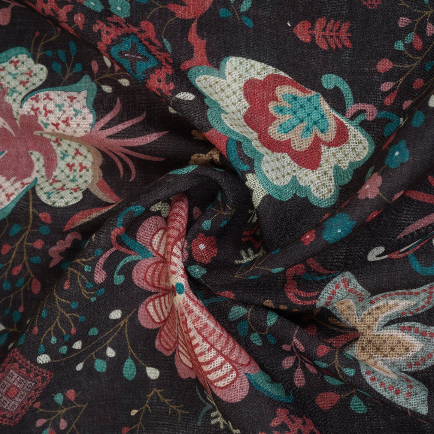 Black Floral Print Cotton Linen Fabric GTS-30280