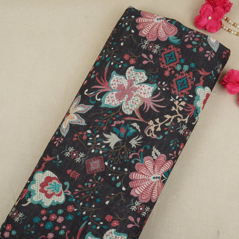 Black Floral Print Cotton Linen Fabric GTS-30280