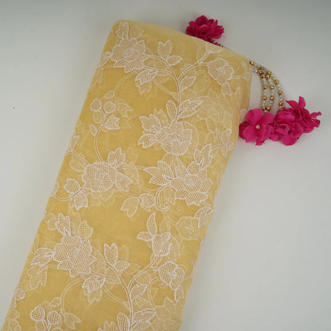 Yellow floral jaal embroidery Pure 27gm Organza Fabric GPF-32088