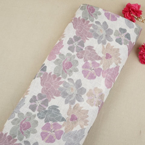 Off White Floral Print Cotton Linen Fabric GTS-30282
