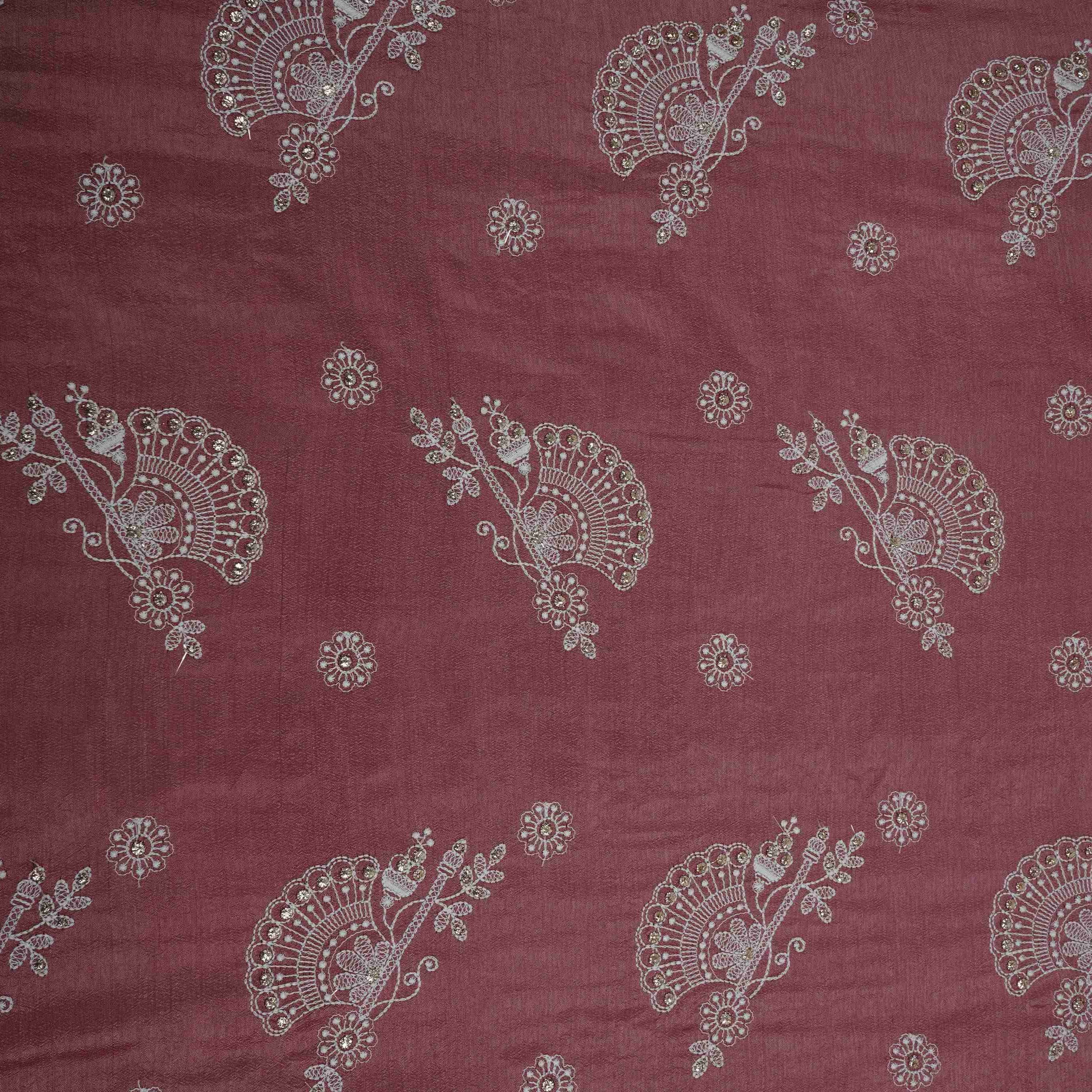 Pink Thread Sequins Embroidery Raw Silk Fabric VF-32042