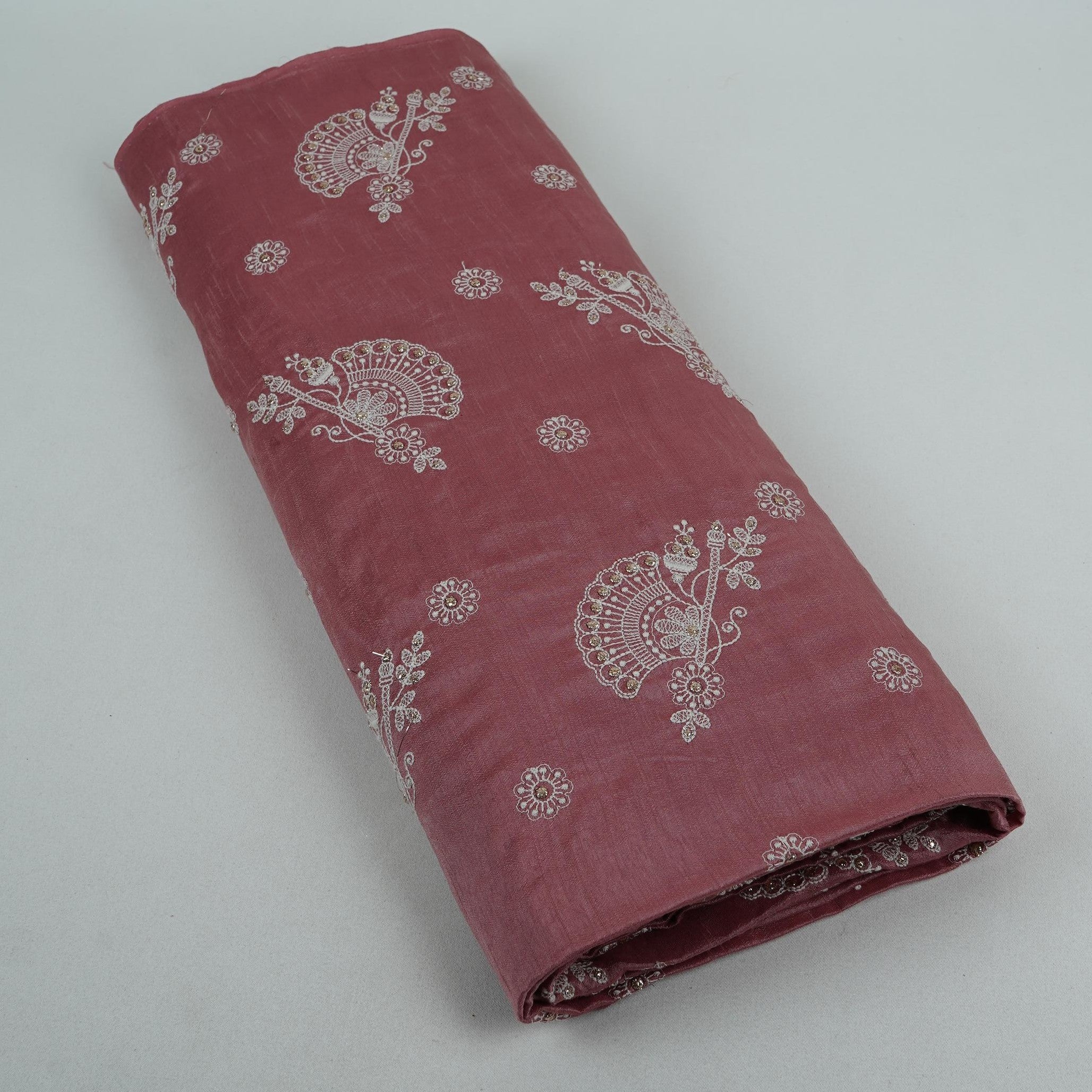 Pink Thread Sequins Embroidery Raw Silk Fabric VF-32042