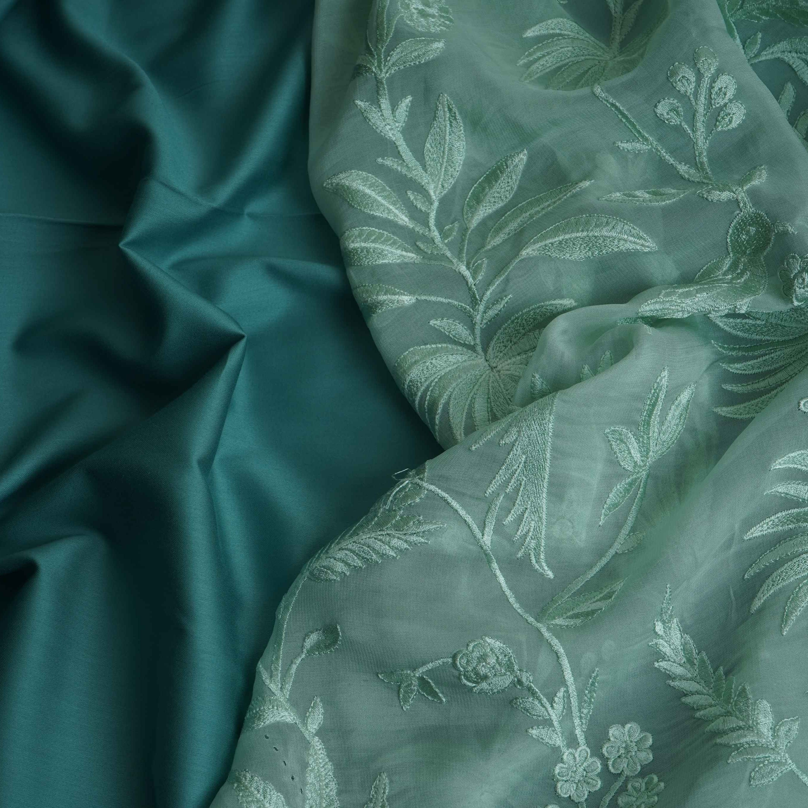 Mint Green Parsi thread embroidery Organza Fabric GPF-32102 - TradeUNO