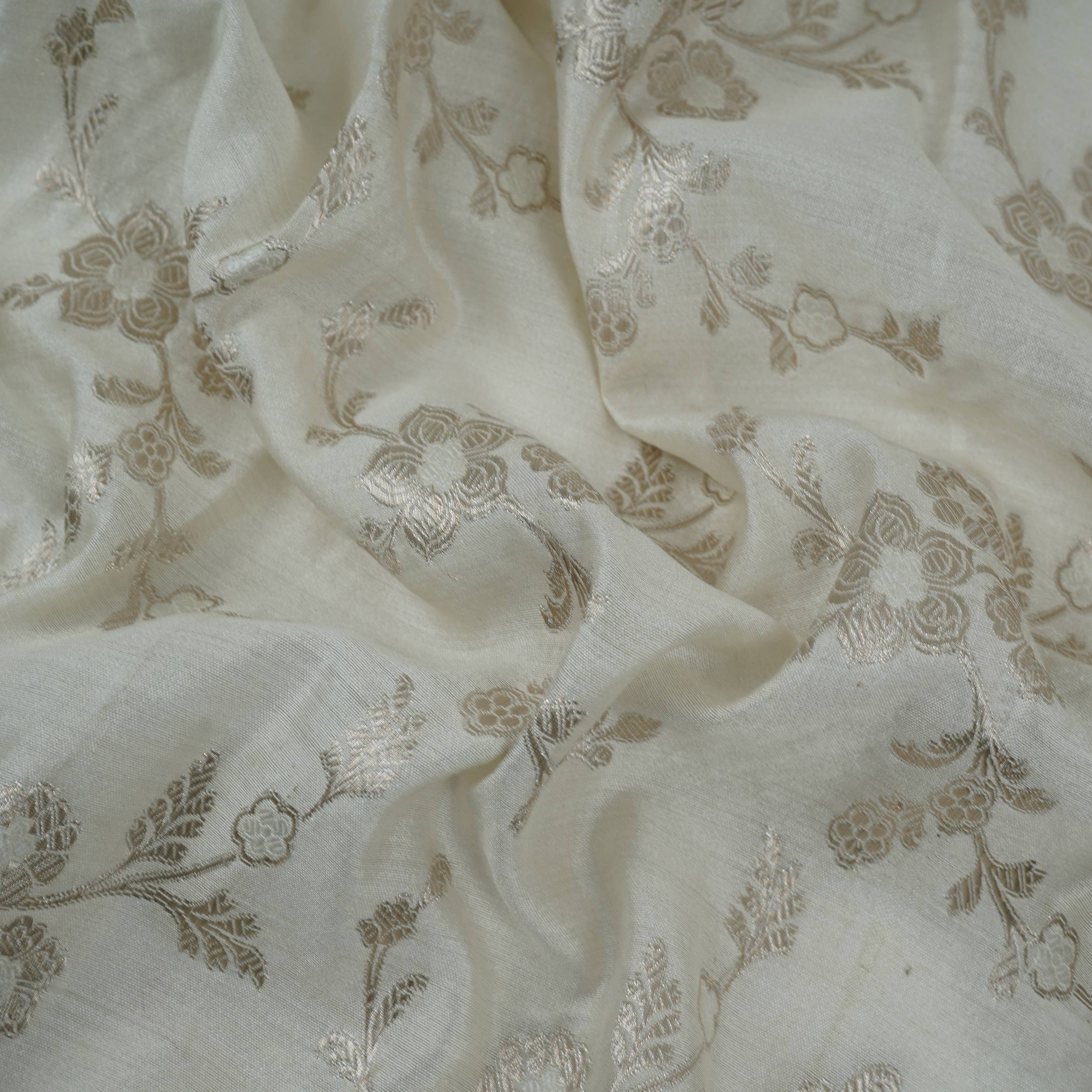 Off White Dyeable Floral Jaal Chiniya Silk Fabric CW-32584