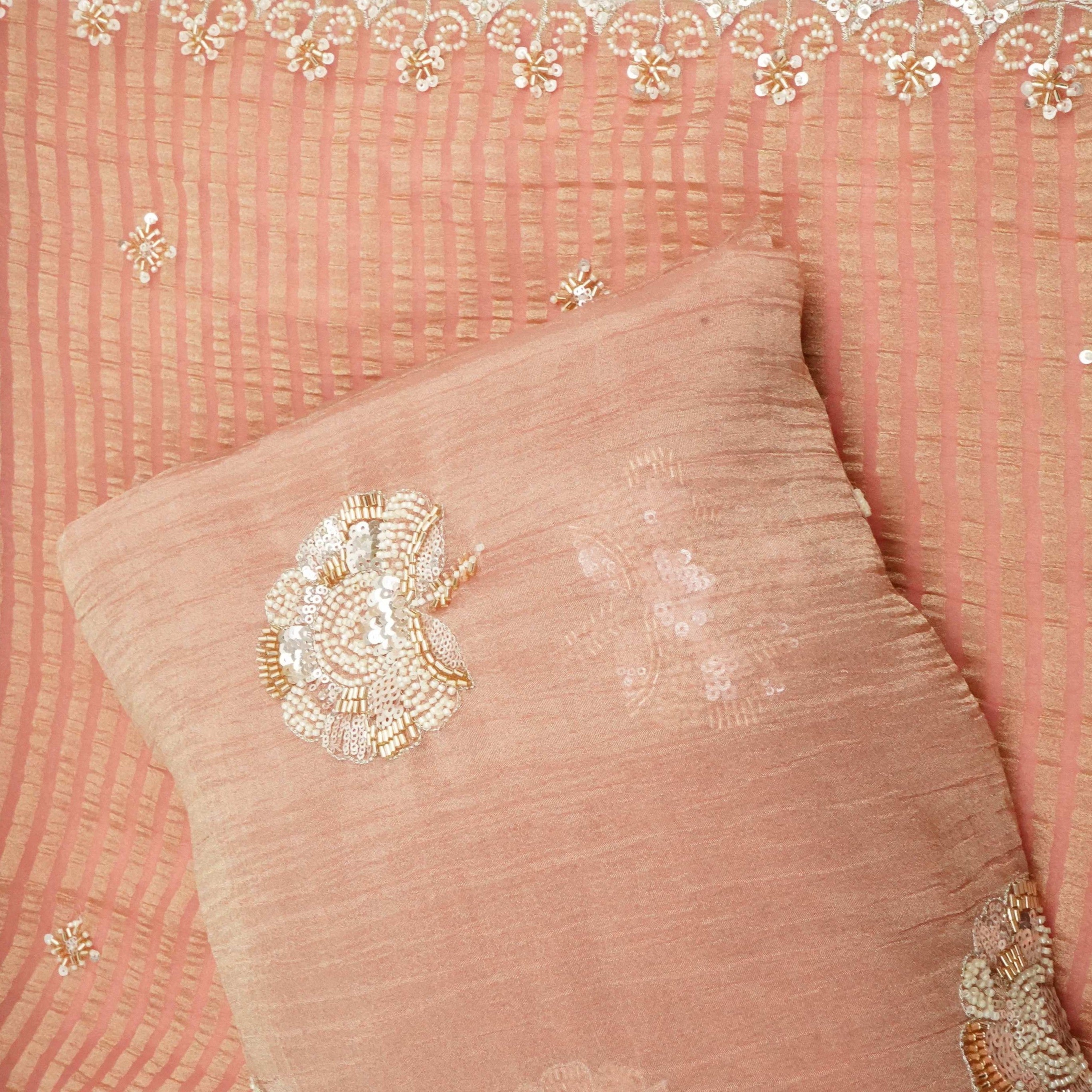 Peach Floral Cutdana Embroidery Fendi Silk Fabric JD-33283