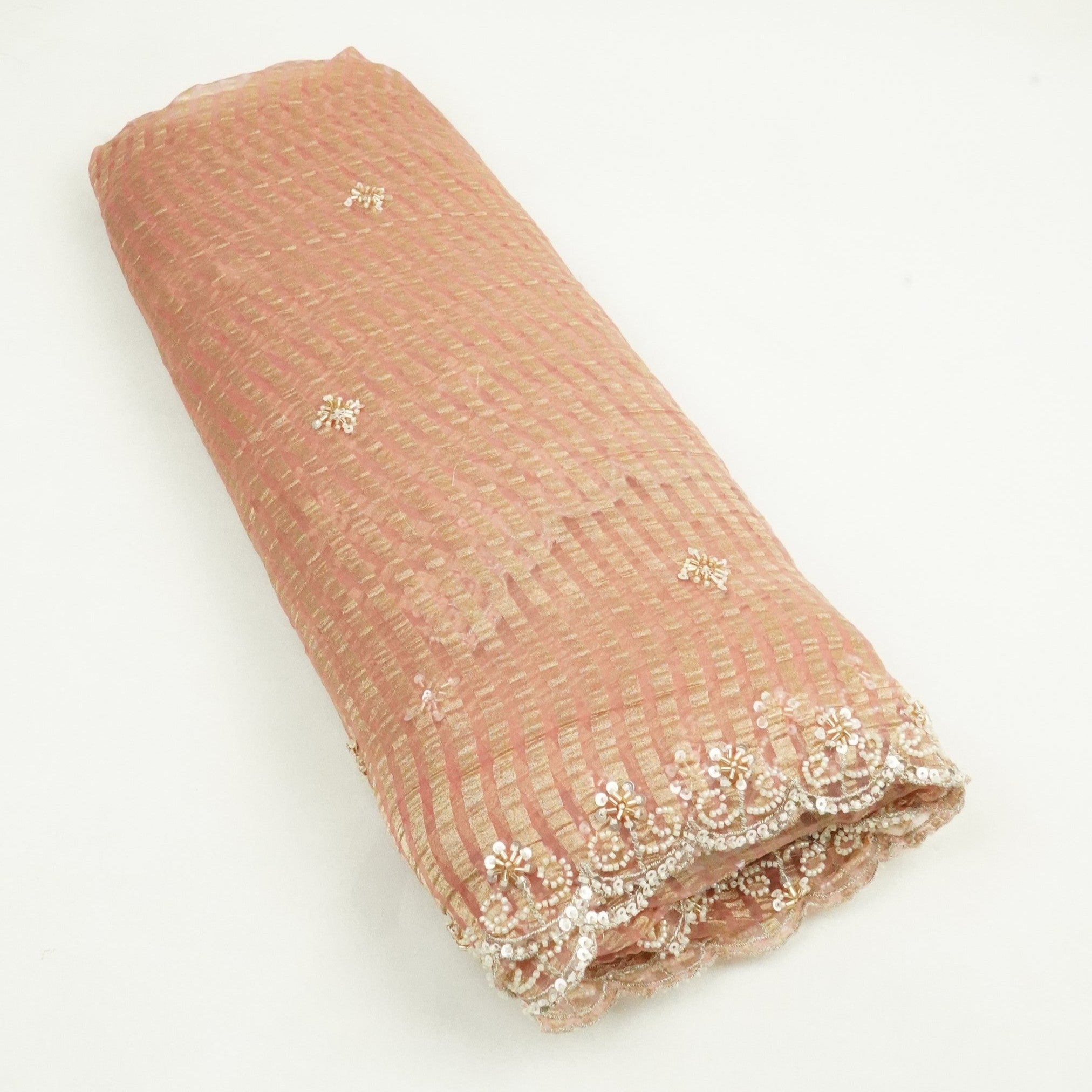 Peach Stripes Zari Cutdana Embroidery Fendi Silk Fabric JD-33284