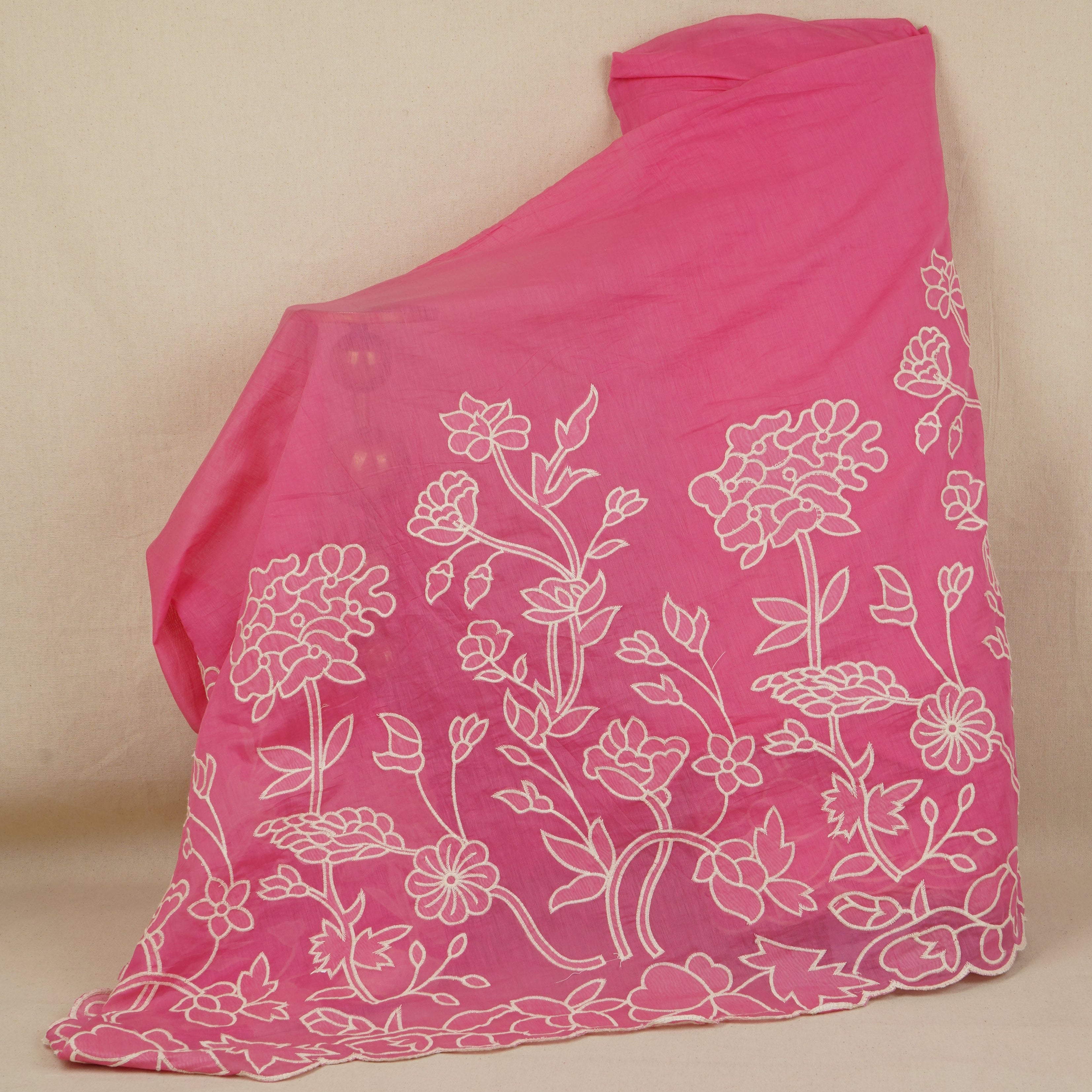Pink Floral Applique 3D work Mul Chanderi Fabric DC-30257 - TradeUNO