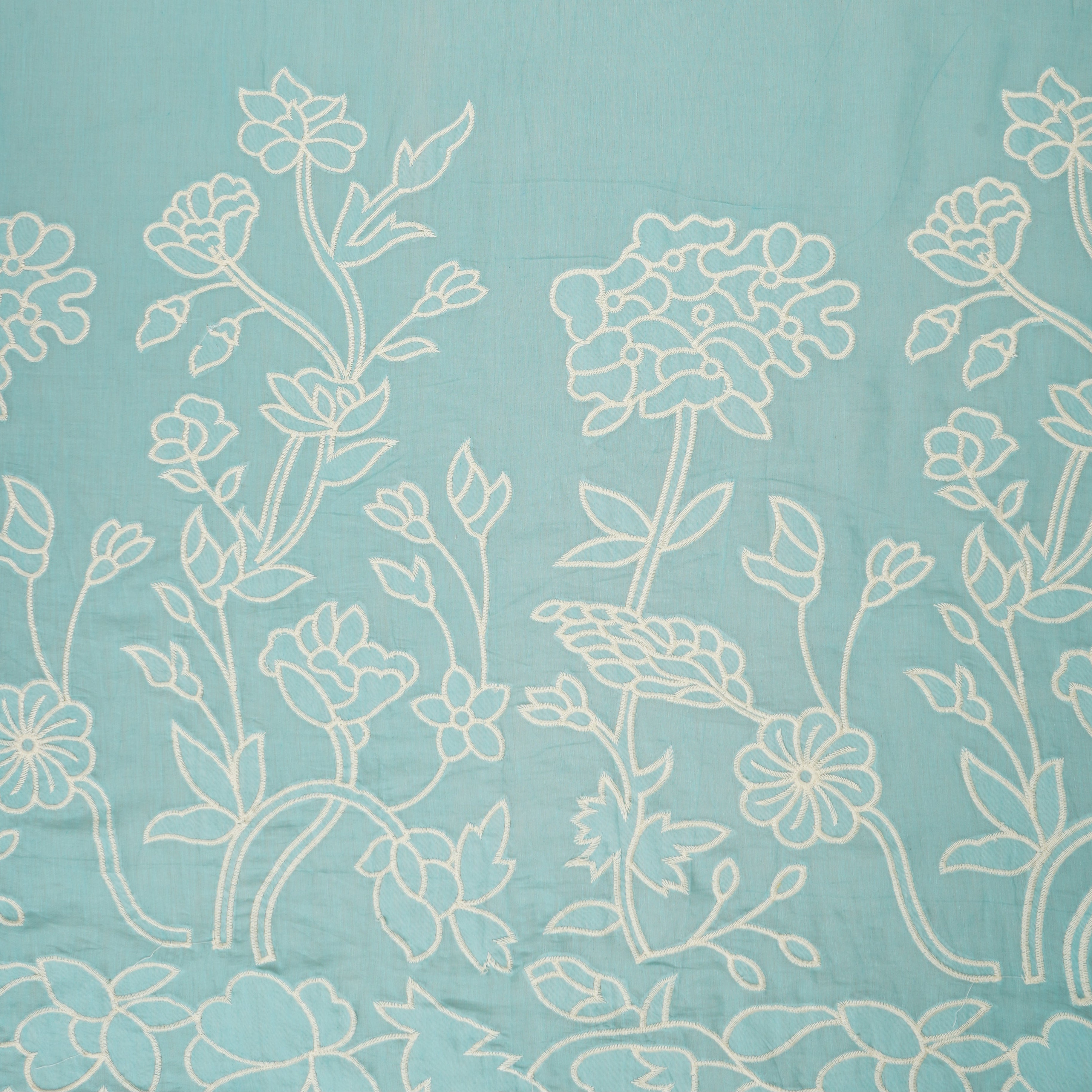 Aqua Blue Floral Applique 3D work Mul Chanderi Fabric DC-30260 - TradeUNO