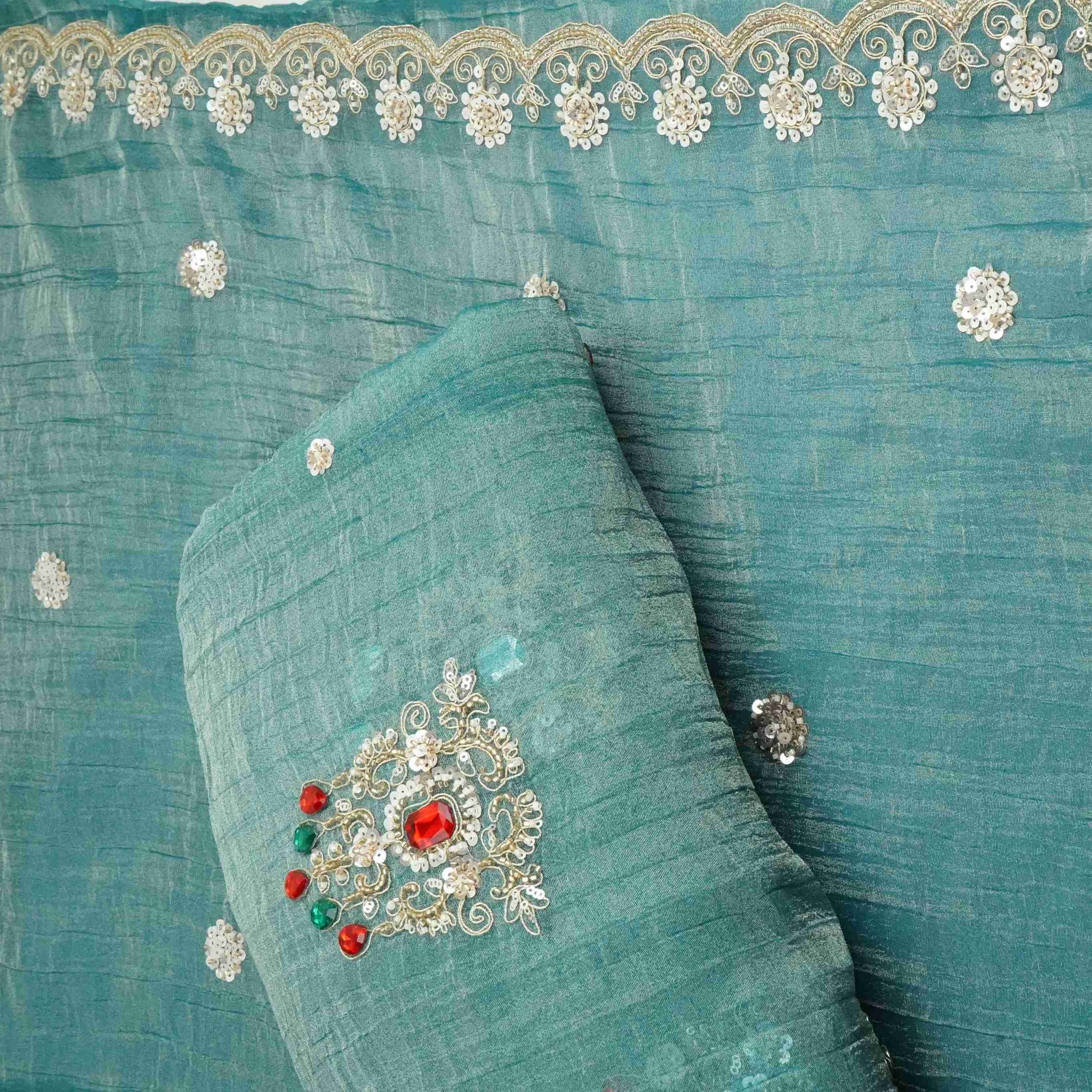 Sky Blue Cutdana Stone Work Fendi Silk Fabric JD-33271