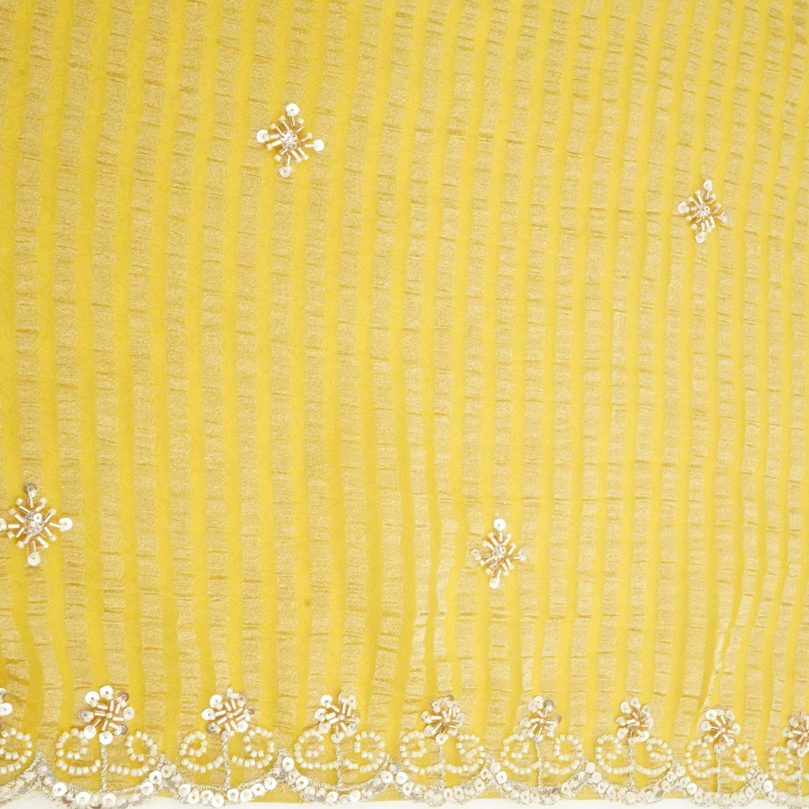 Yellow Stripes Zari Cutdana Embroidery Fendi Silk Fabric JD-33282
