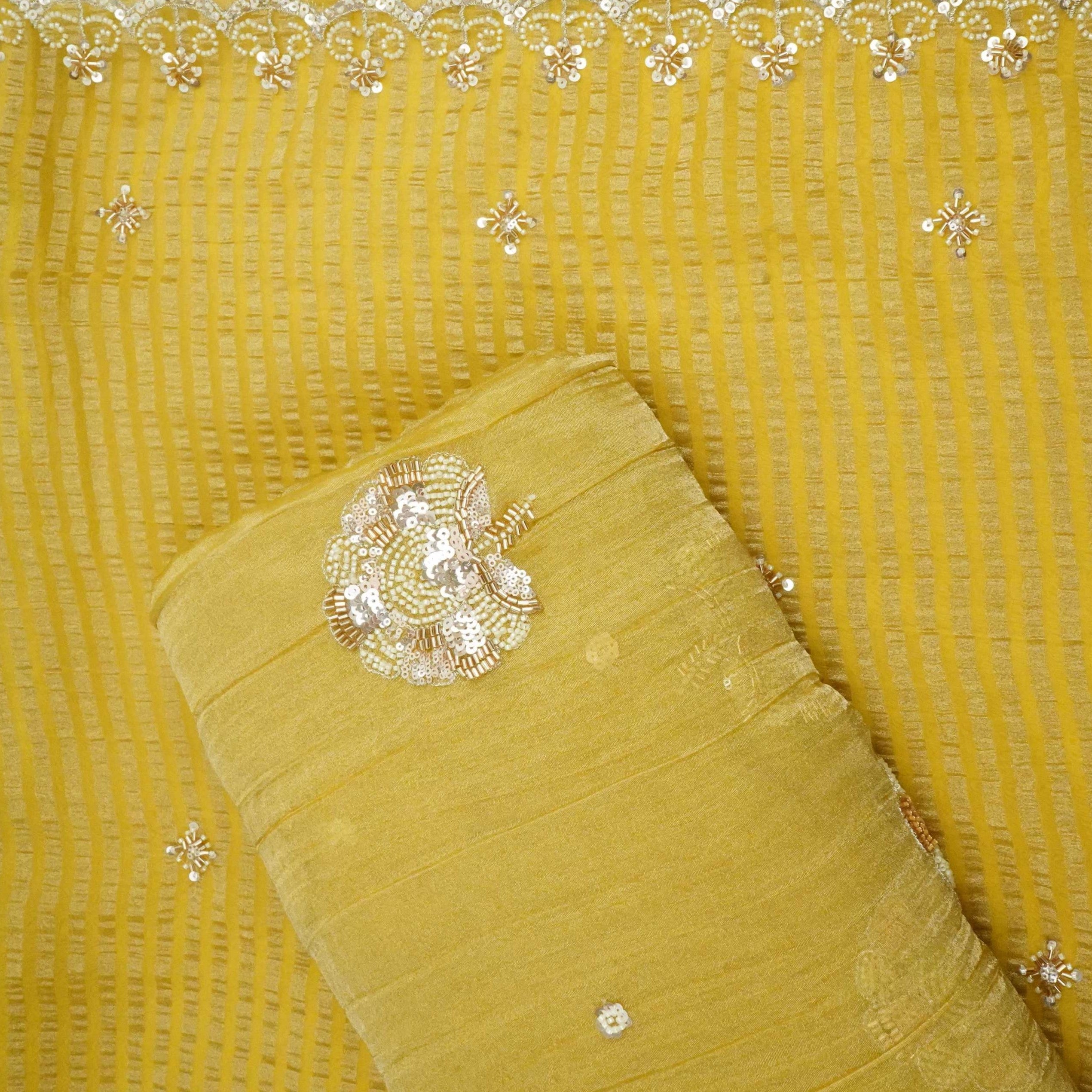 Yellow Floral Cutdana Embroidery Fendi Silk Fabric JD-33281