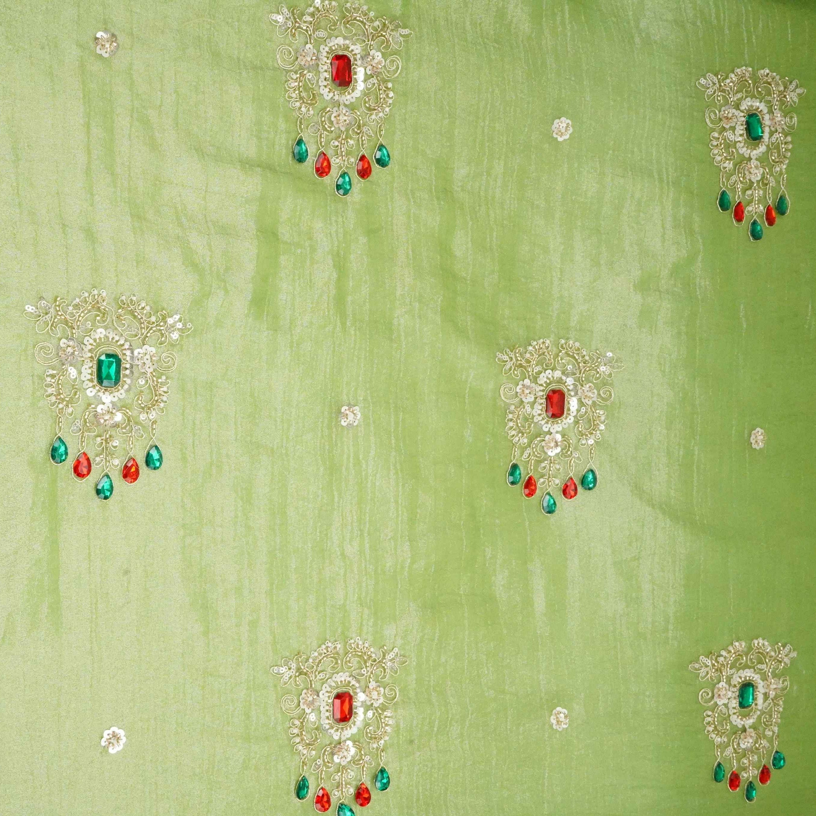 Green Cutdana Stone Work Fendi Silk Fabric JD-33273