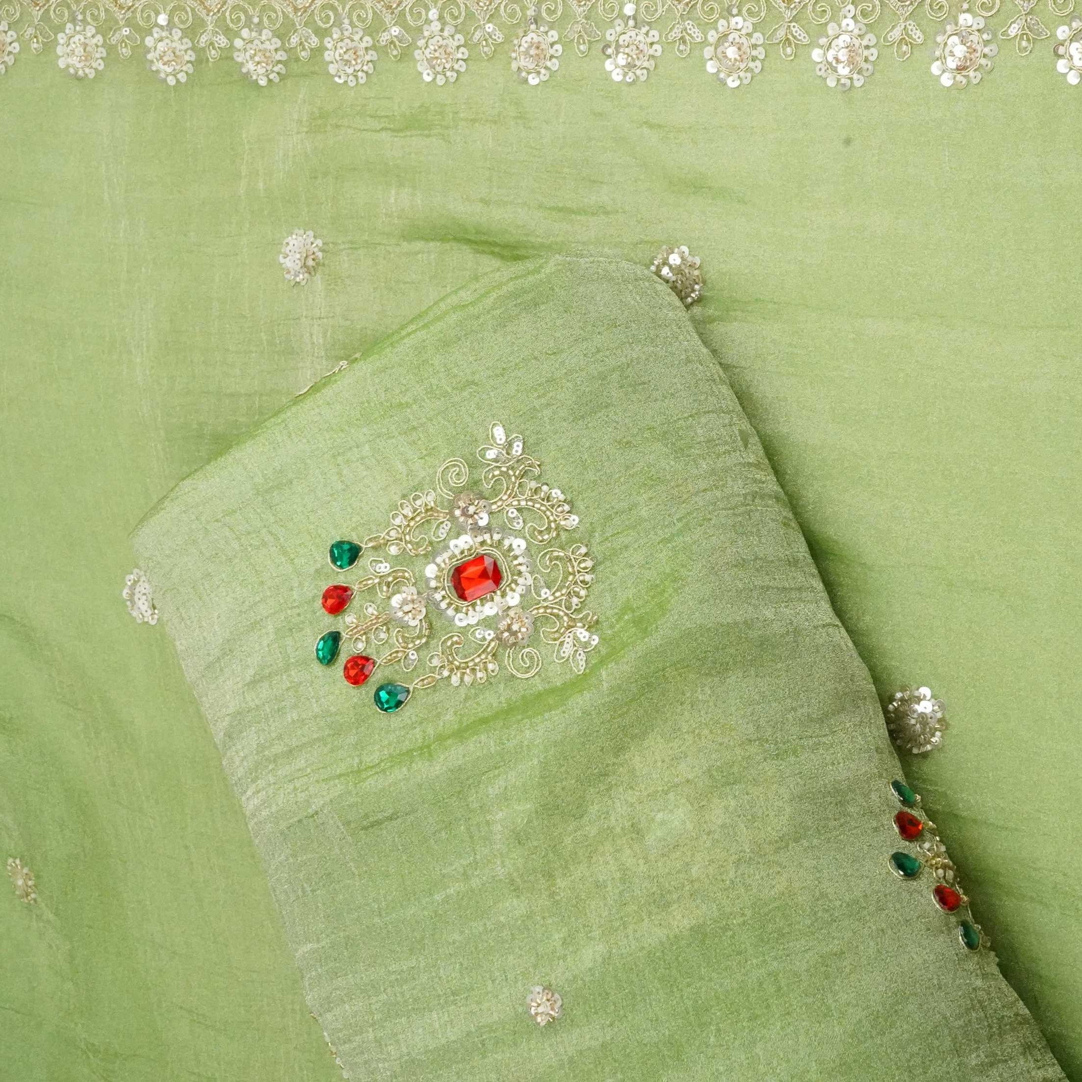 Green Cutdana Stone Work Fendi Silk Fabric JD-33273