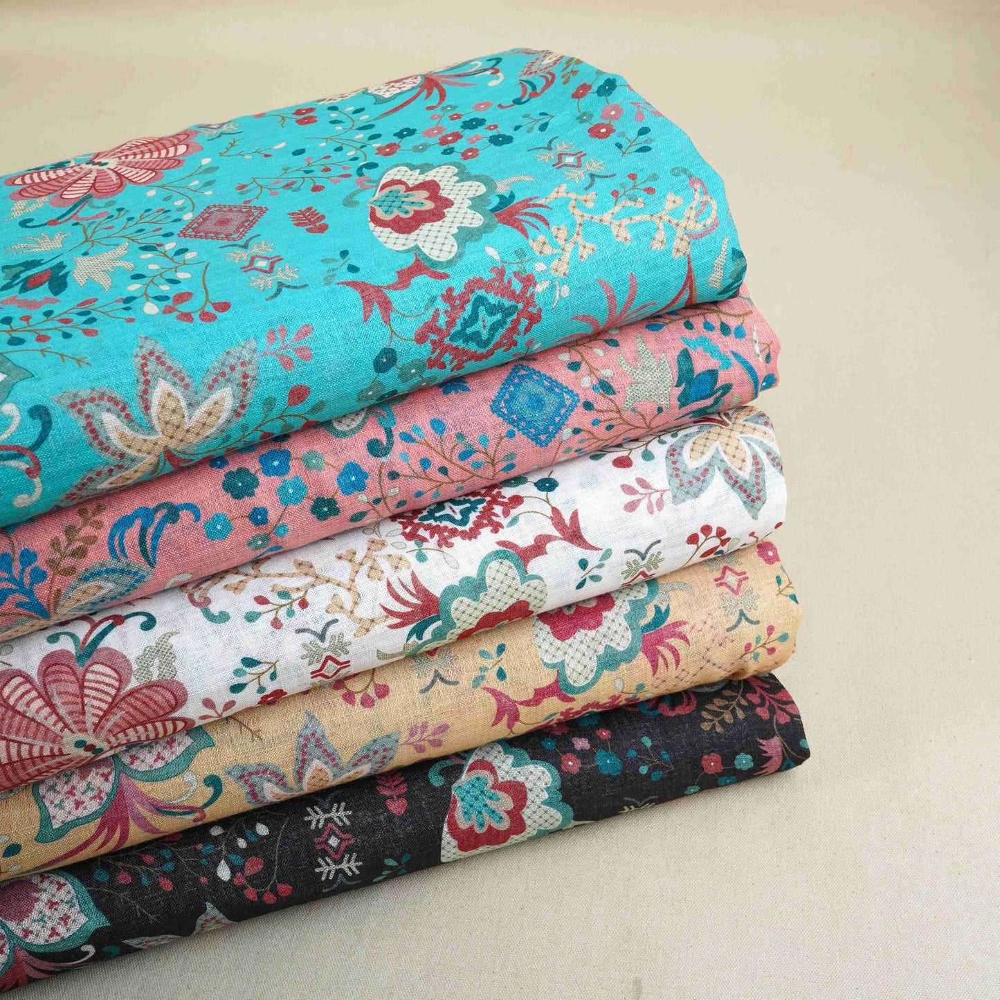 Teal Green Floral Print Cotton Linen Fabric GTS-30274