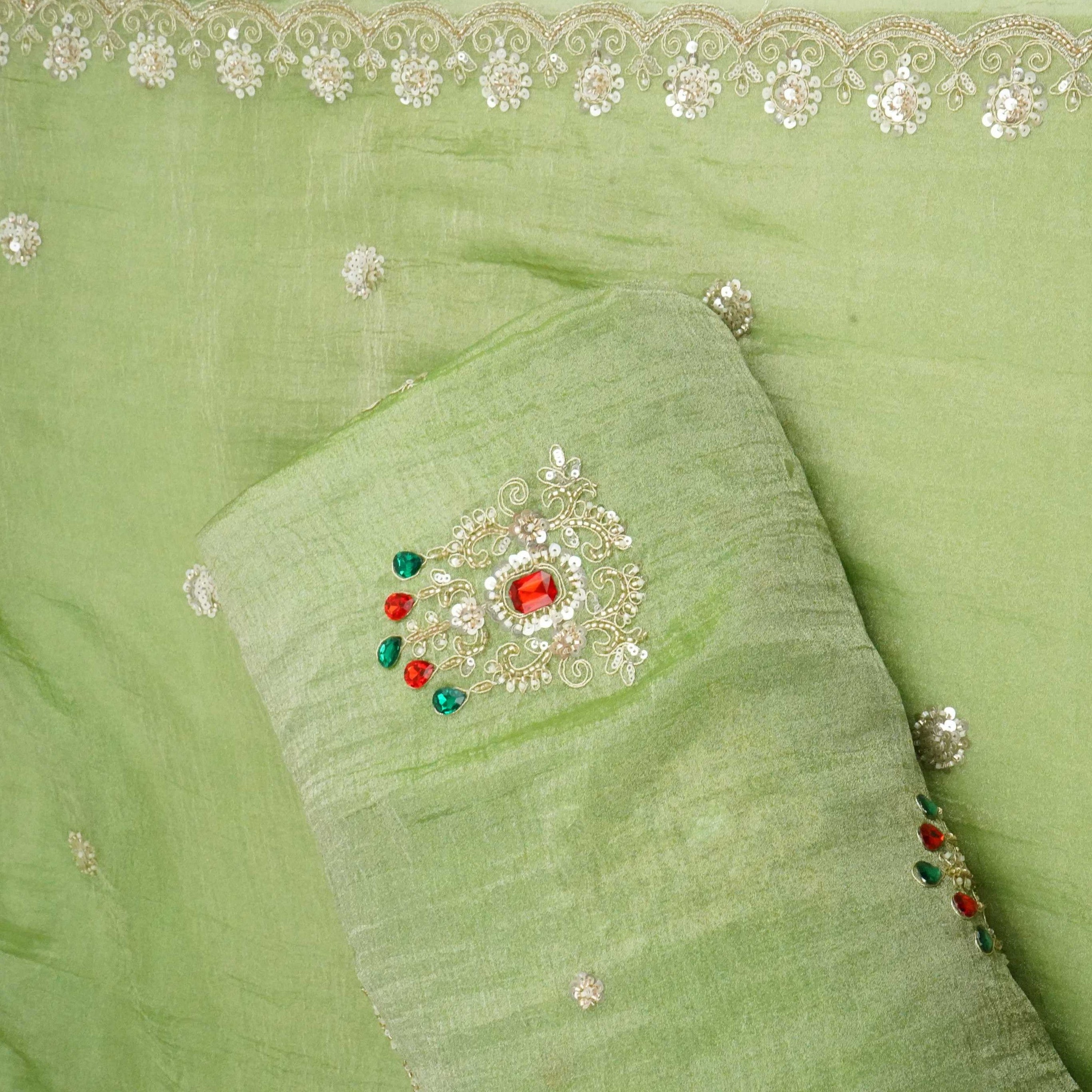 Green Cutdana Zari Embroidery Fendi Silk Fabric JD-33274