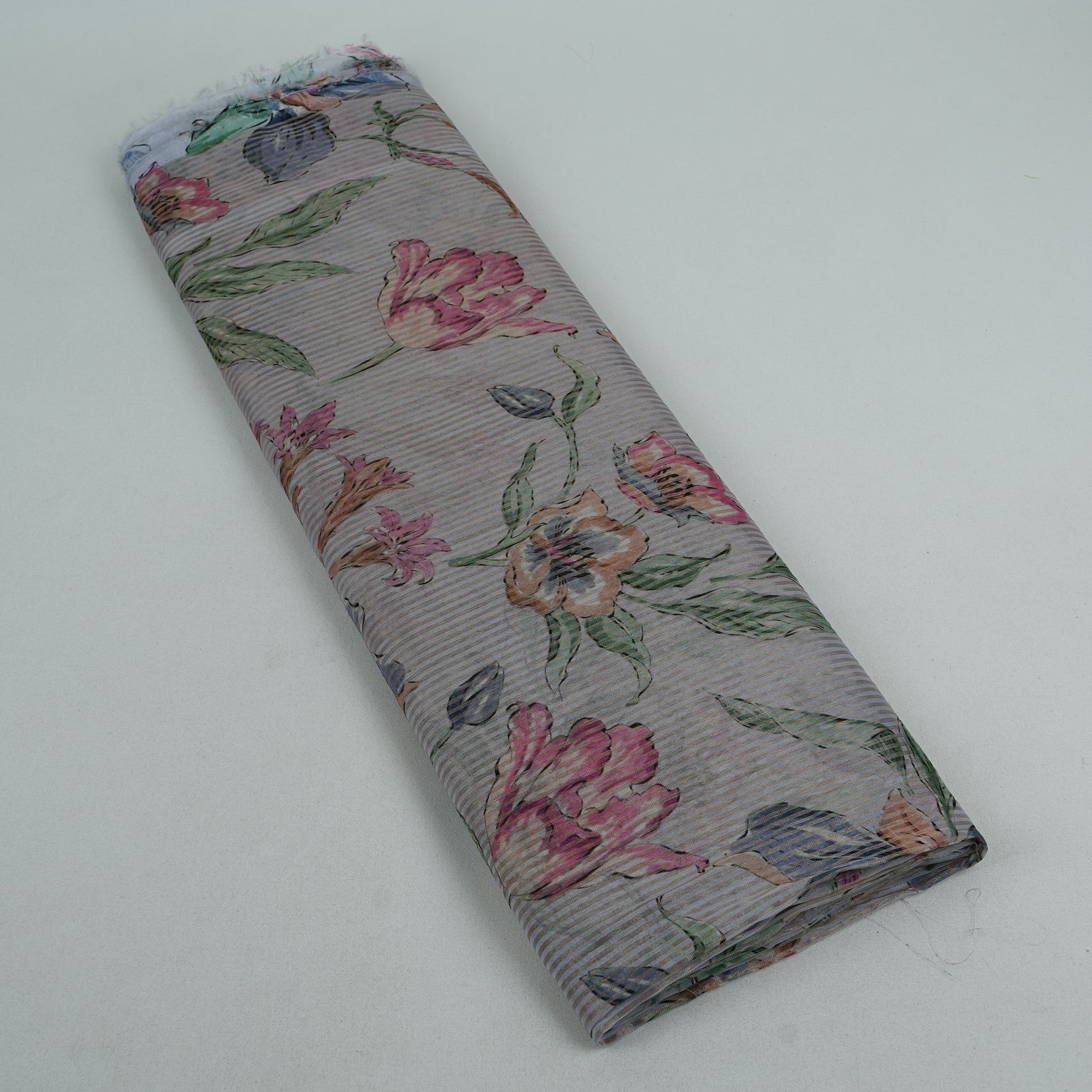 Grey floral with stripes print Organza Fabric VP-32013
