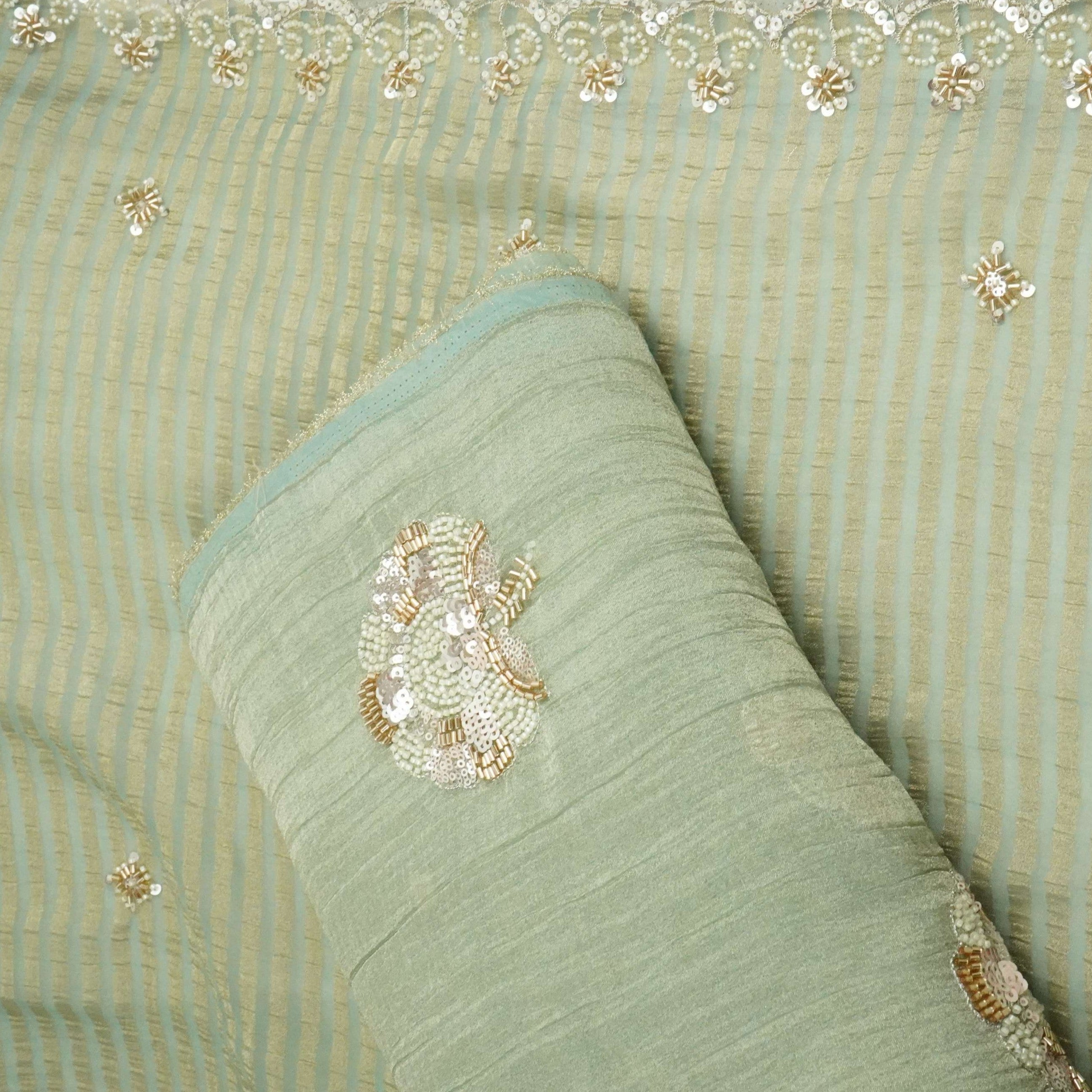 Sage Green Floral Cutdana Embroidery Fendi Silk Fabric JD-33279