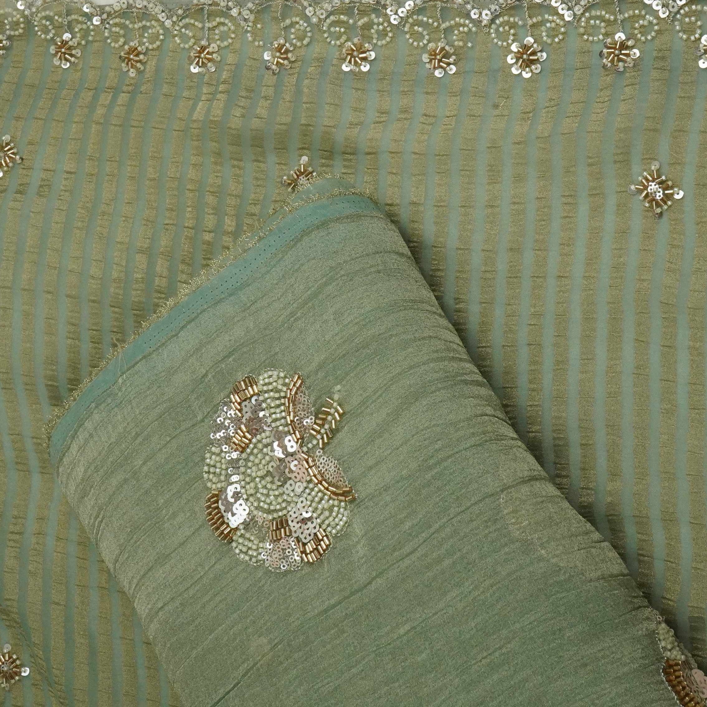 Sage Green Stripes Zari Cutdana Embroidery Fendi Silk Fabric JD-33280